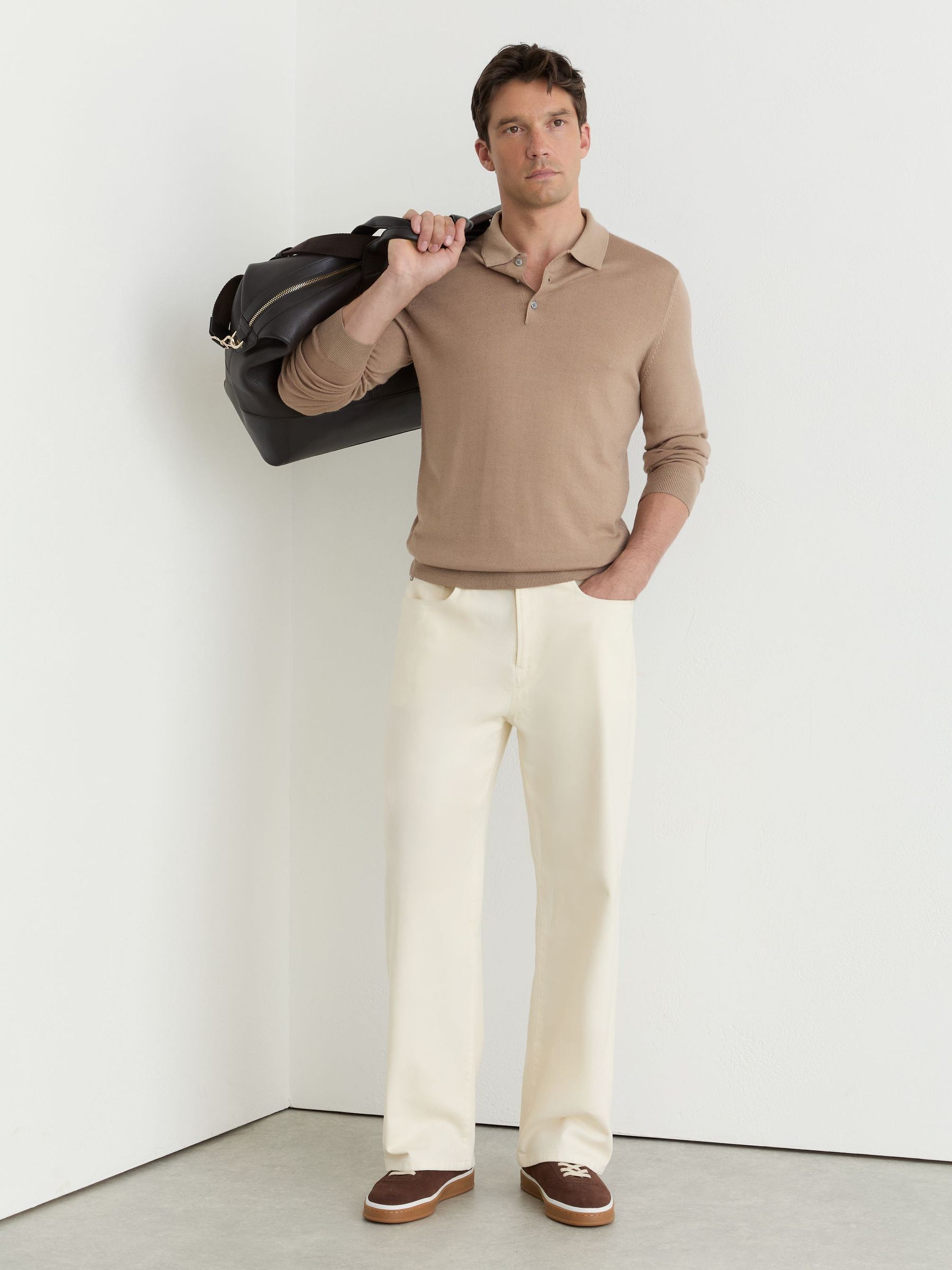 Pigment-Dyed Merino Wool Long-Sleeve Polo in Taupe Brown - Image 3 of 6