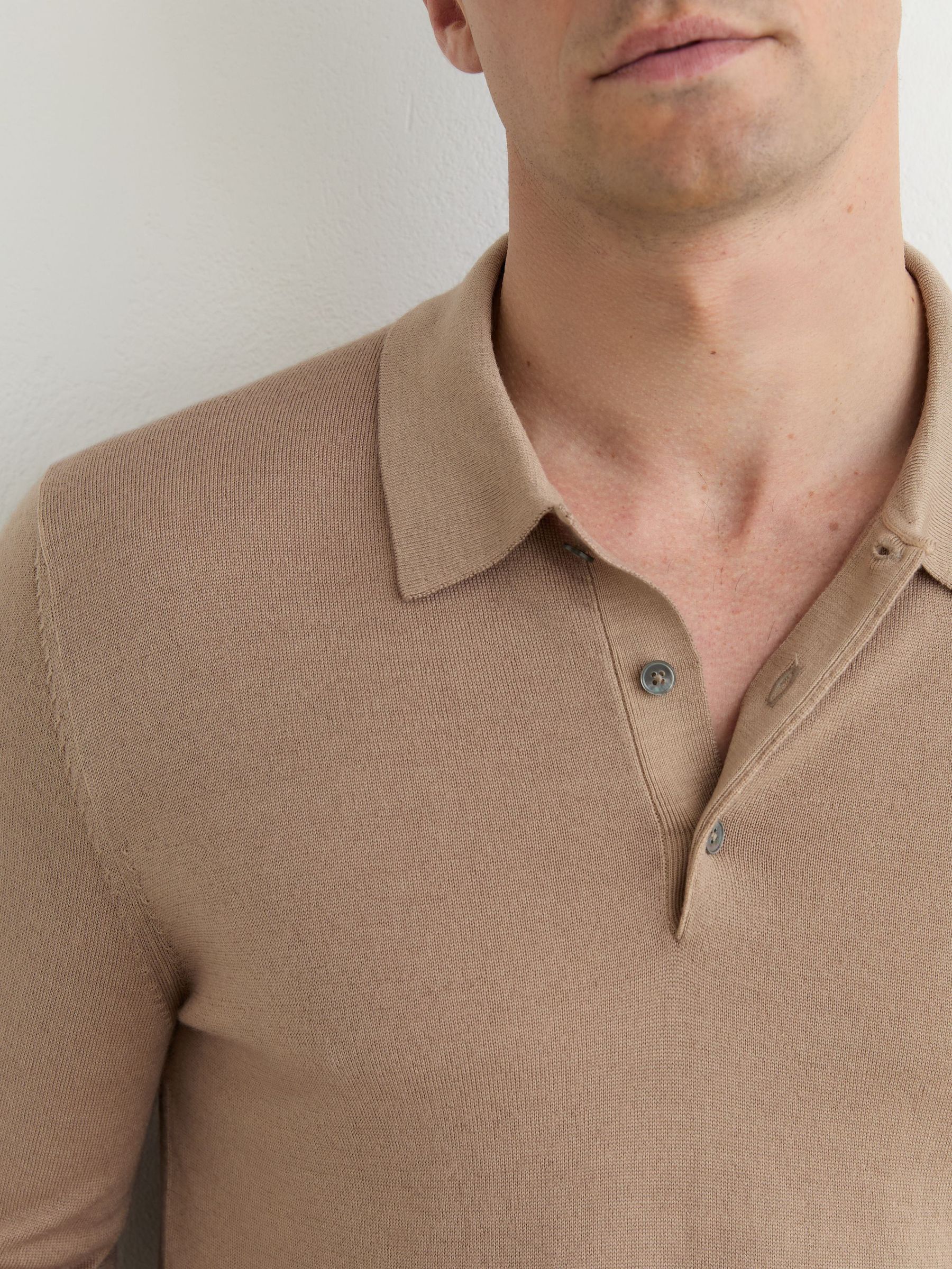 Pigment-Dyed Merino Wool Long-Sleeve Polo in Taupe Brown - Image 4 of 6