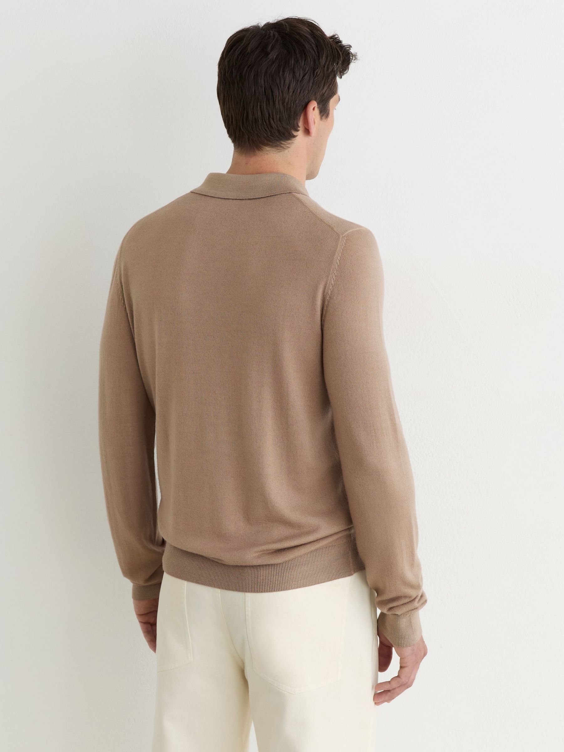 Pigment-Dyed Merino Wool Long-Sleeve Polo in Taupe Brown - Image 5 of 6