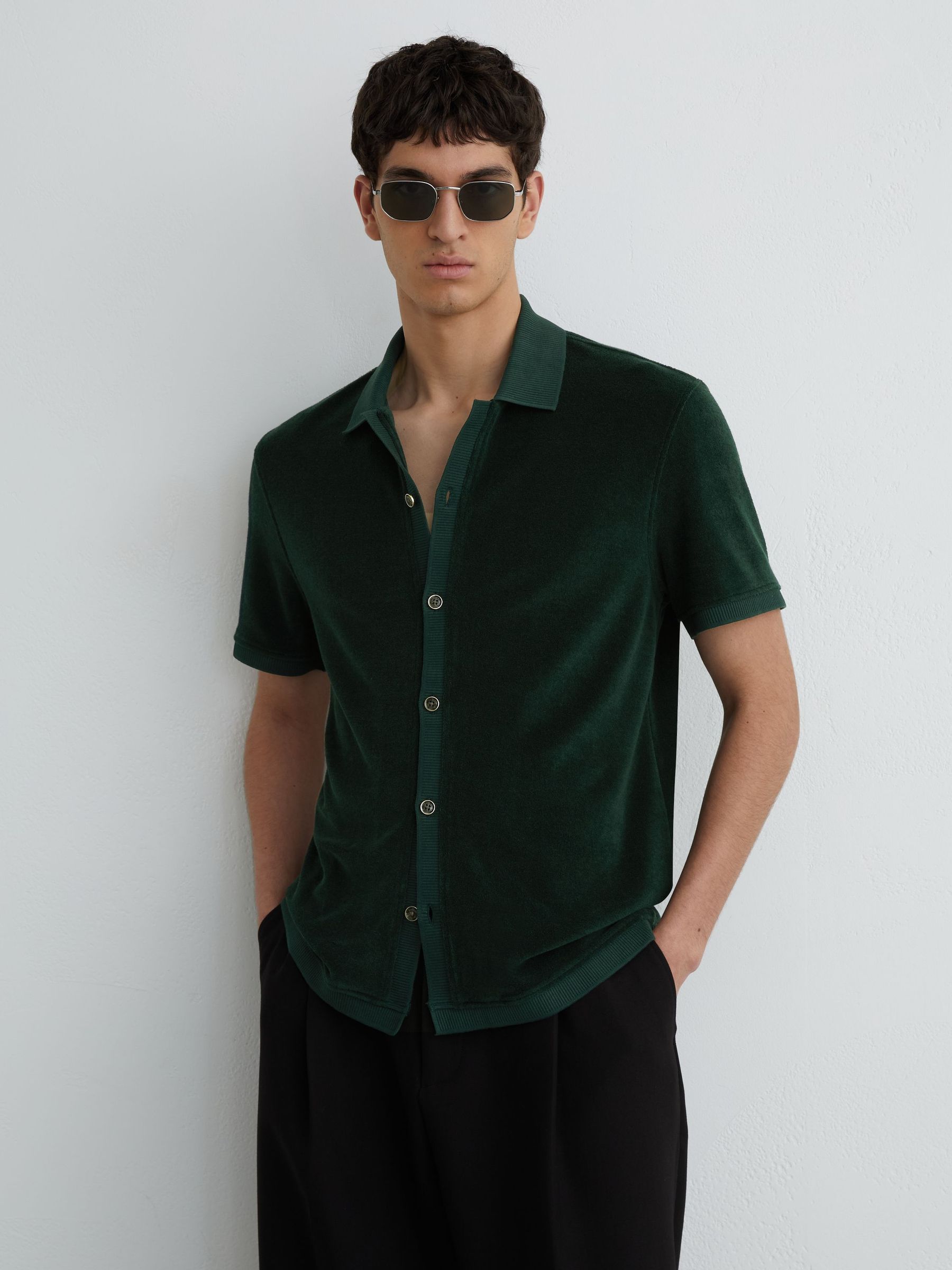 Towelling Short-Sleeve Shirt in Forest Green - Image 1 of 6