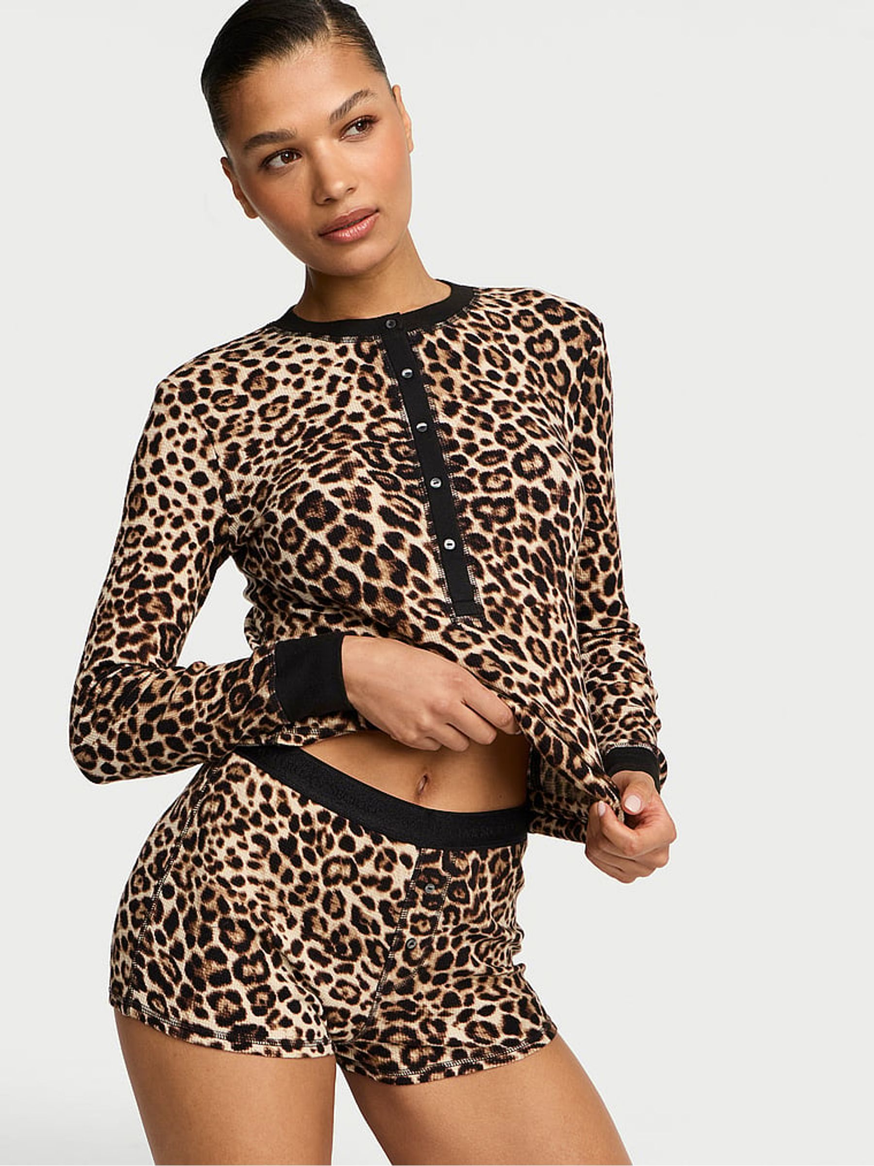 Leopard Brown Thermal Henley Short Pyjama Set - Image 1 of 2 Leopard Brown Thermal Henley Short Pyjama Set - Image 1 of 2