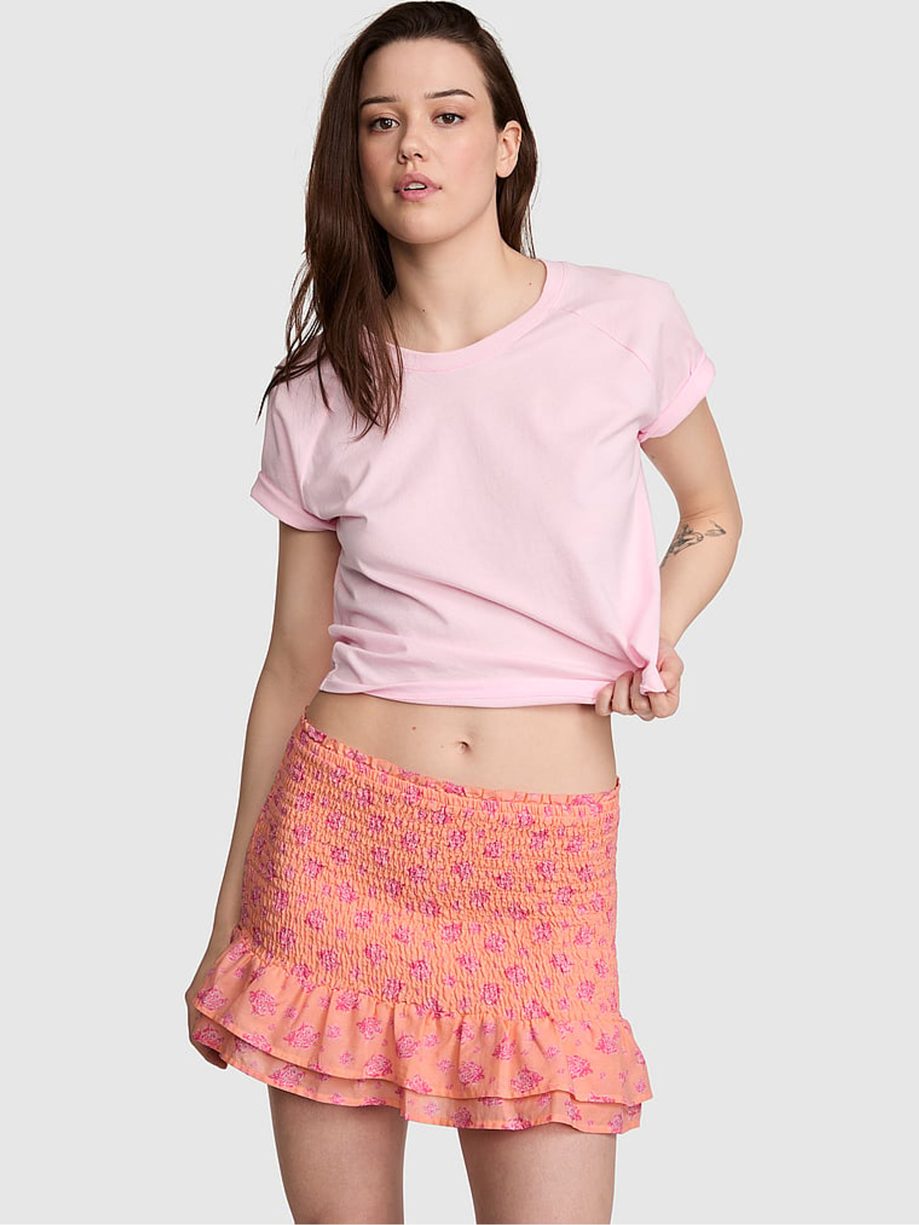 Orange Peach Floral Smock Mini Skirt - Image 1 of 2