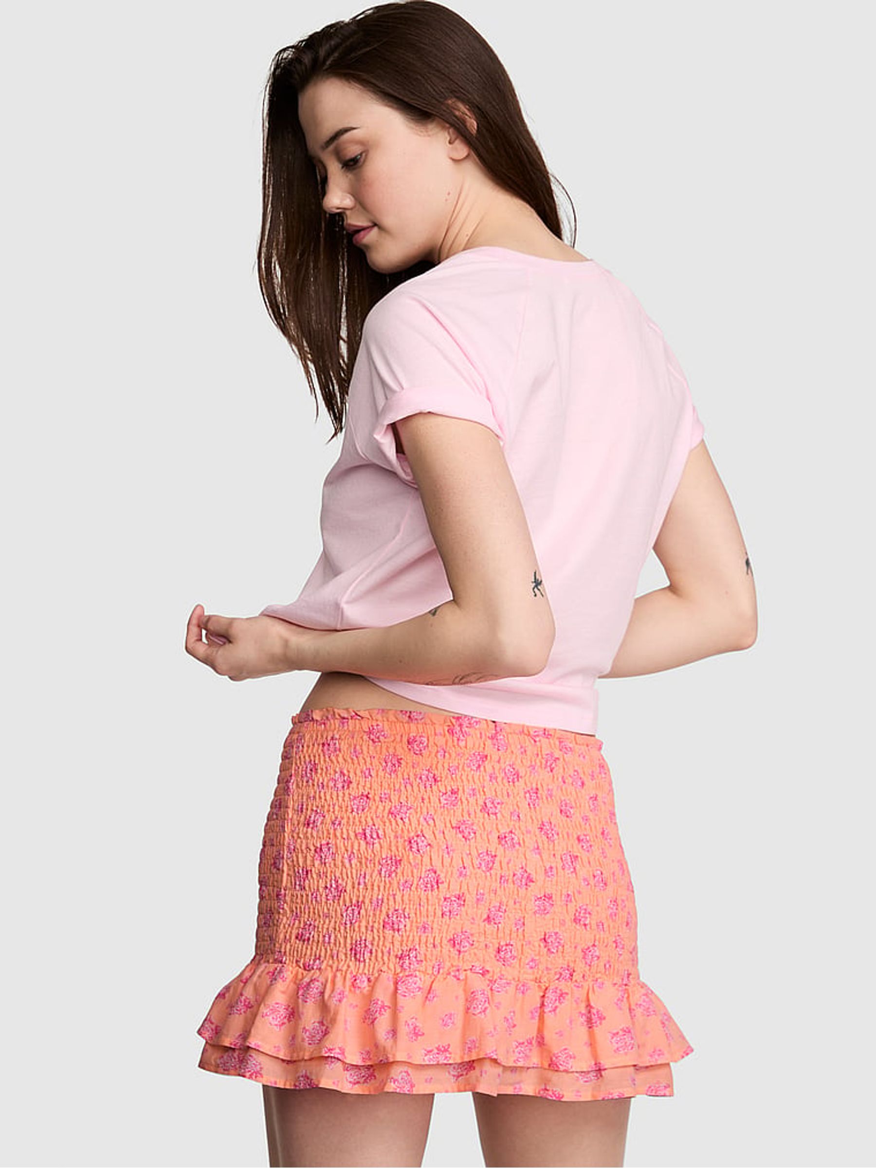 Orange Peach Floral Smock Mini Skirt - Image 2 of 2