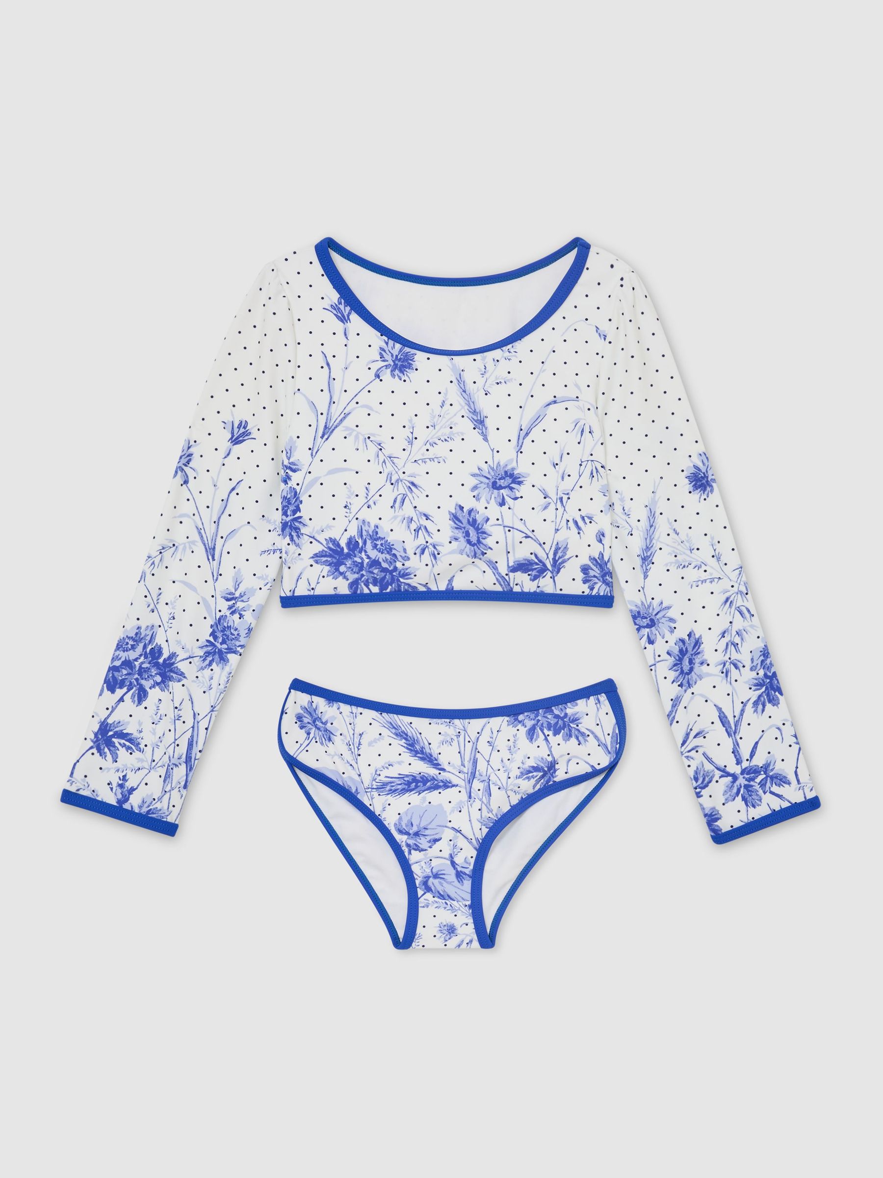 3-9 yrs Floral-Print Long-Sleeve Bikini Set in Blue Print - Image 1 of 3