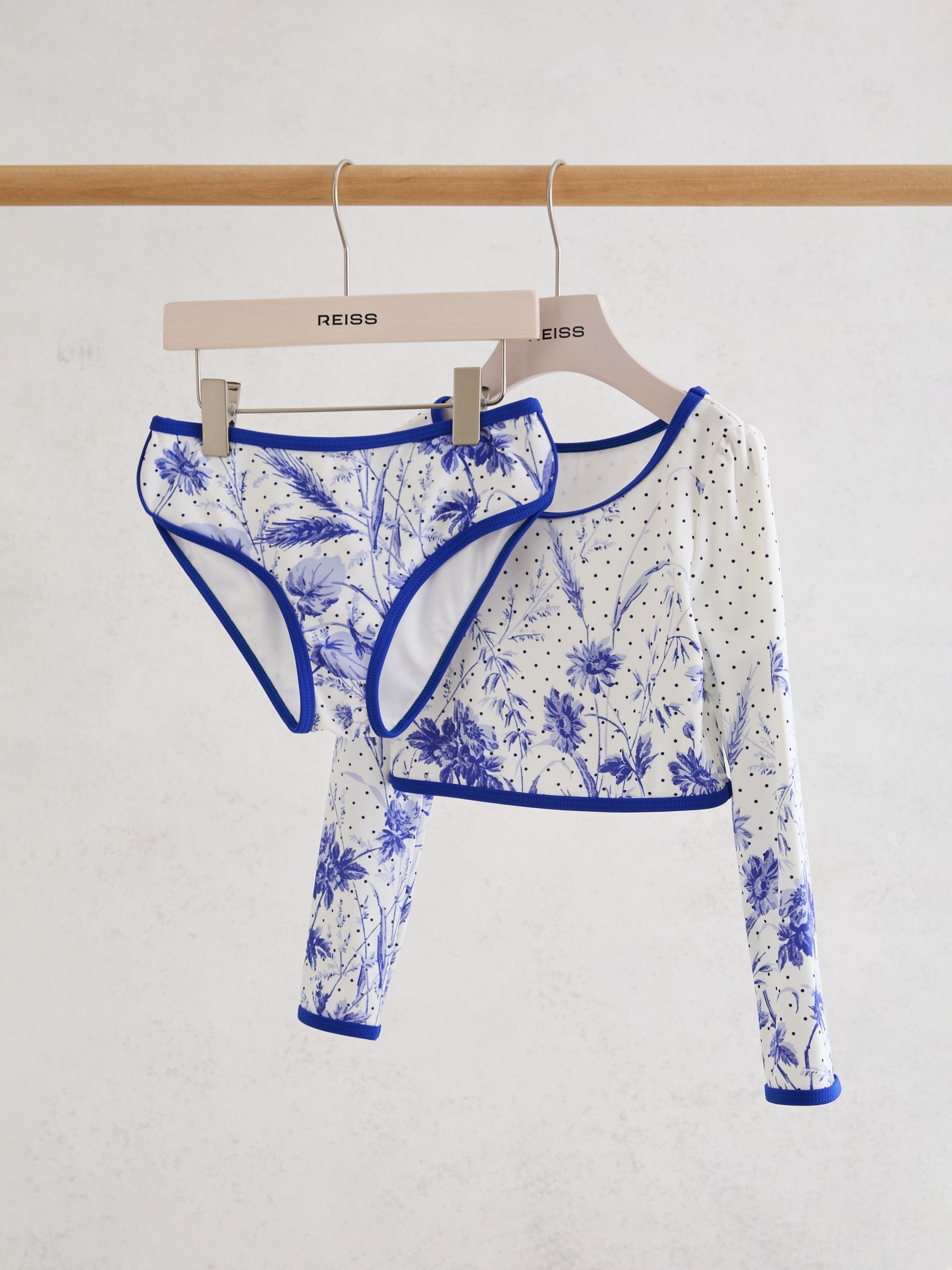 Floral-Print Long-Sleeve Bikini Set in Blue Print - Image 1 of 3