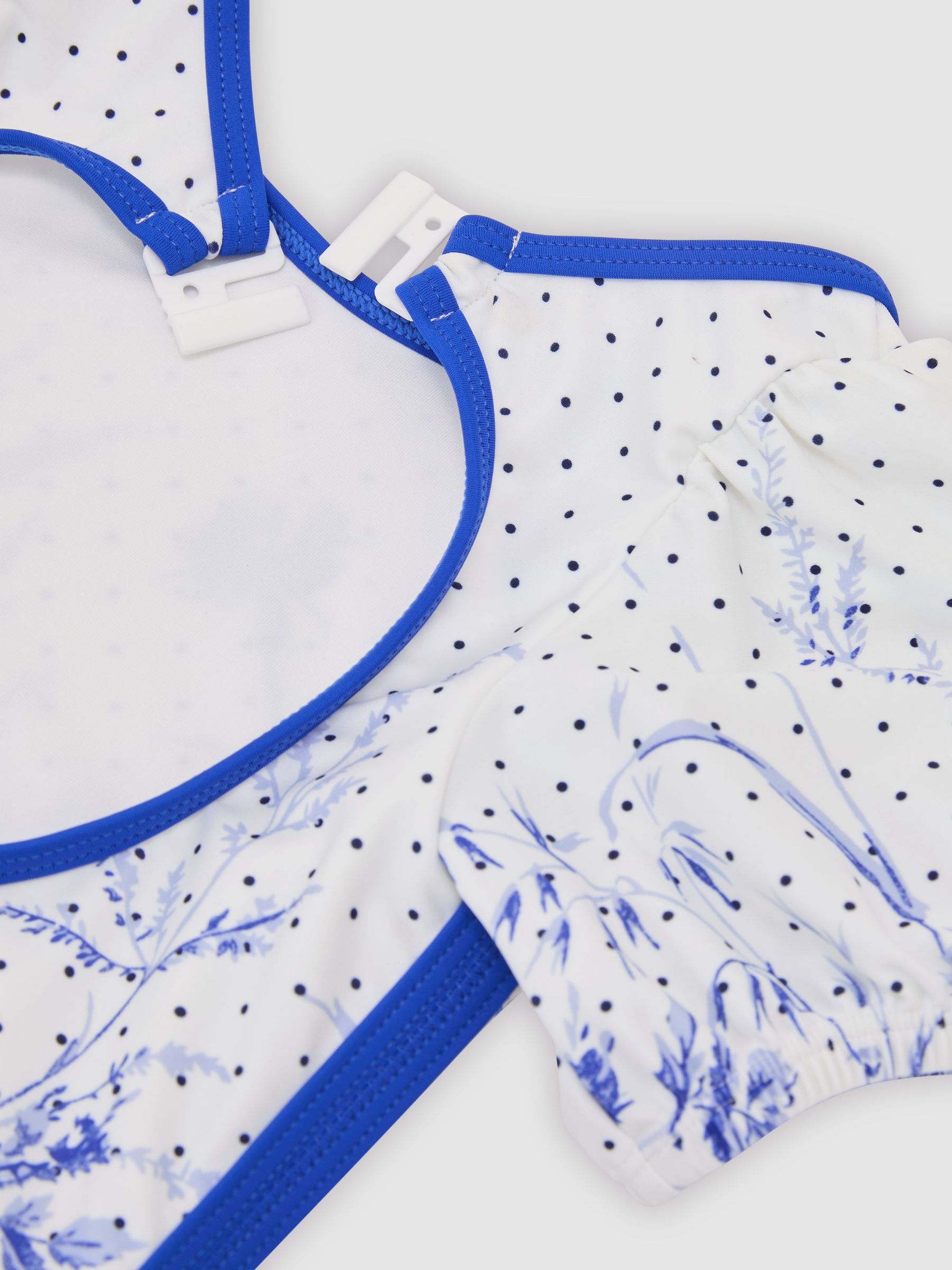 Floral Print Puff Sleeve Swimsuit in Blue Print - Image 1 of 3