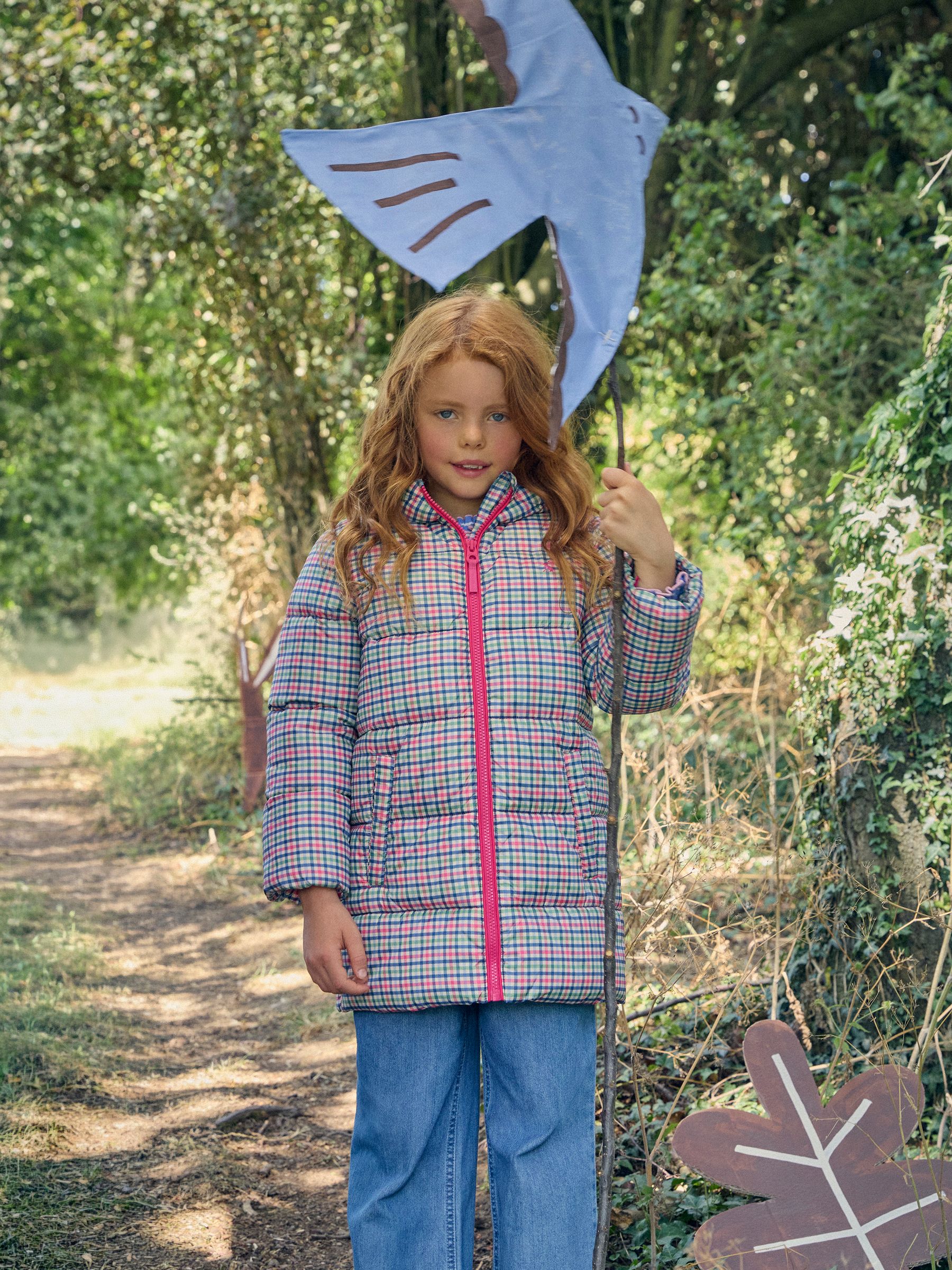 Girls' Long Cairn Pink Check Showerproof Padded Coat - Image 1 of 5 Girls' Long Cairn Pink Check Showerproof Padded Coat - Image 1 of 5