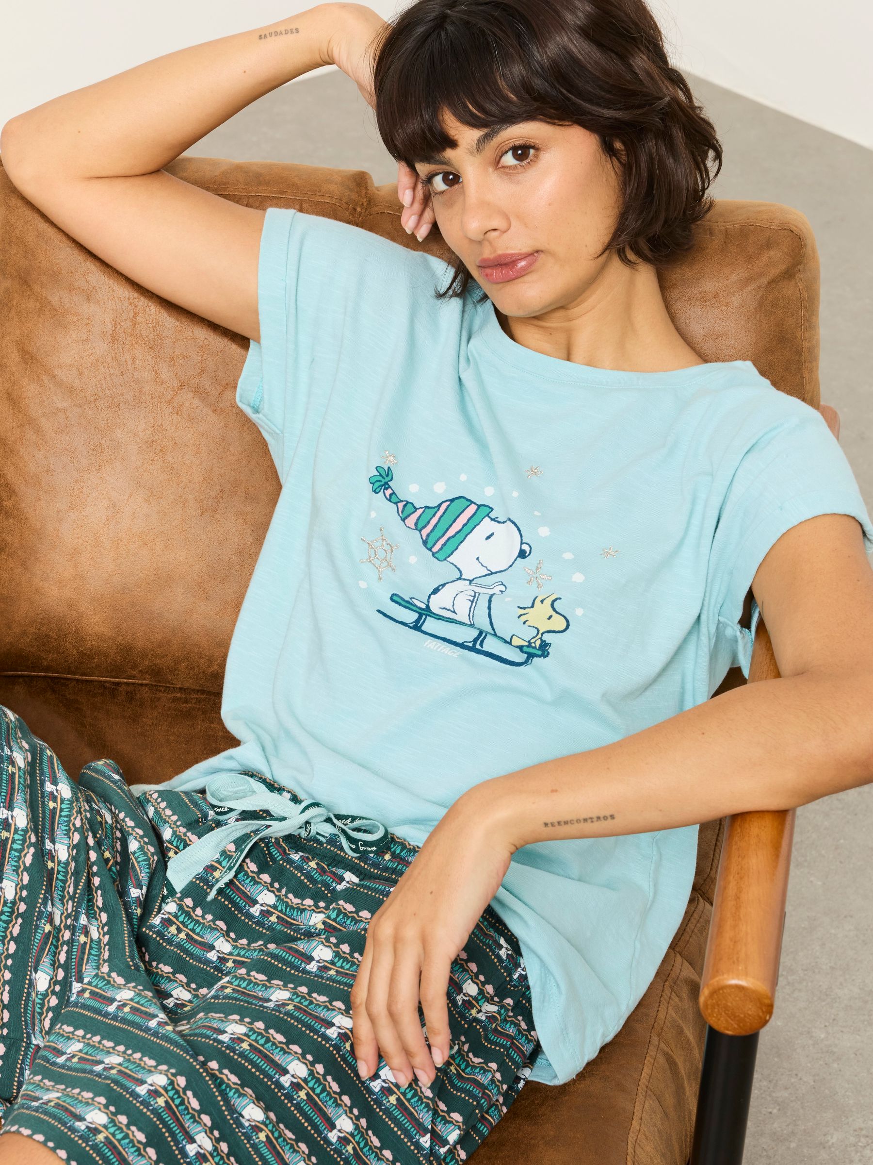 Teal Blue Snowflake Snoopy Short and Tee Pyjama Set - Image 1 of 6