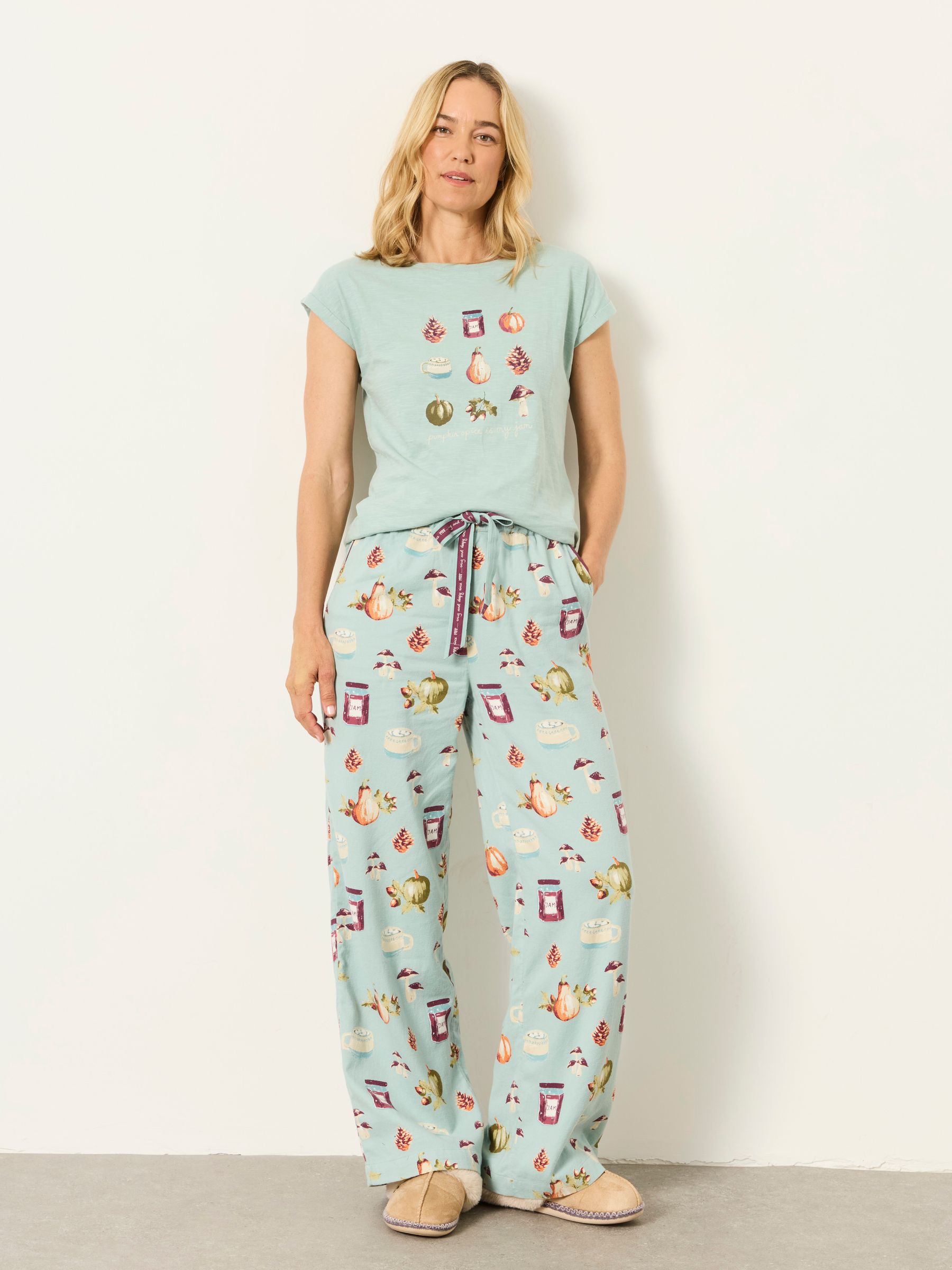 Lola Teal Green Autumn Print Wide Leg Pyjama Bottoms - Image 4 of 6