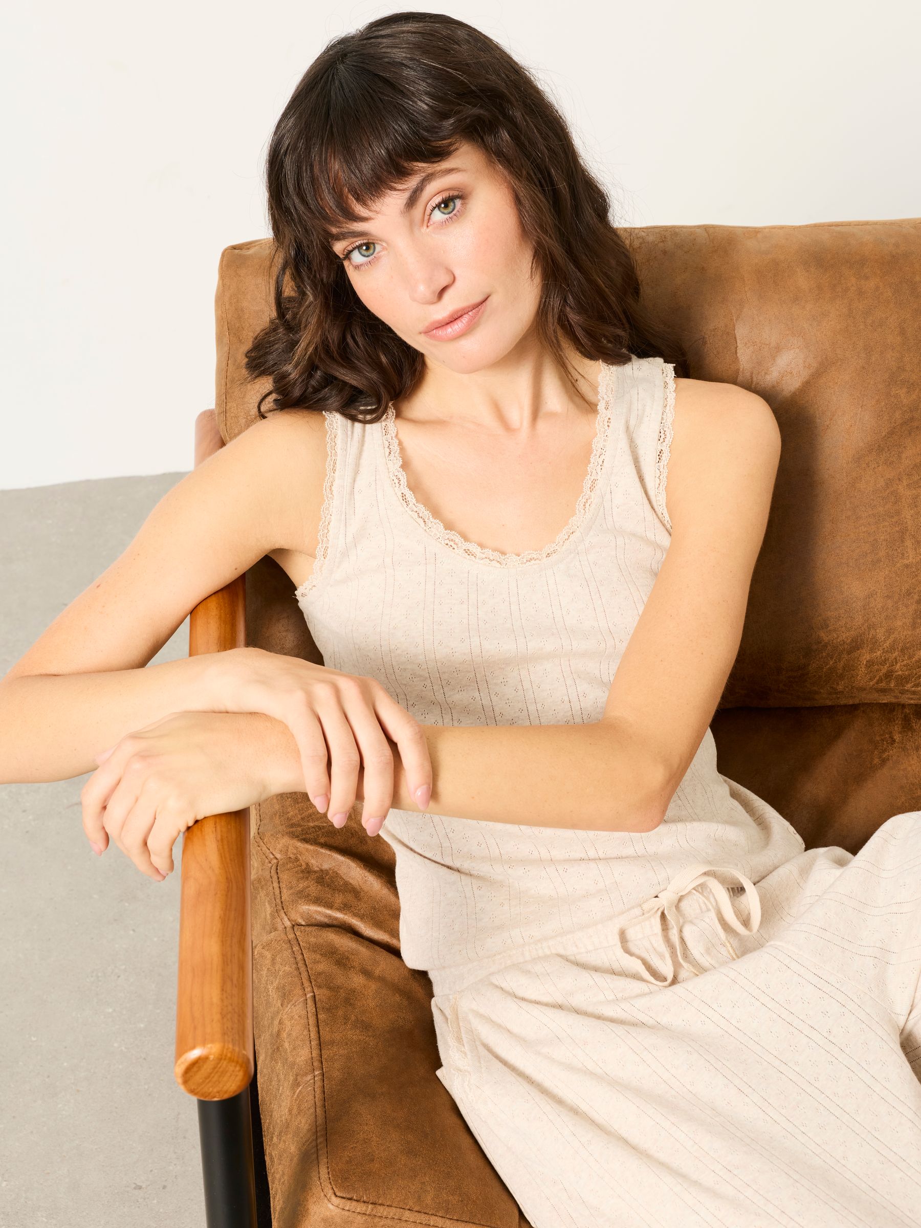 Olivia Oatmeal Pointelle Lace Trim Vest - Image 6 of 7