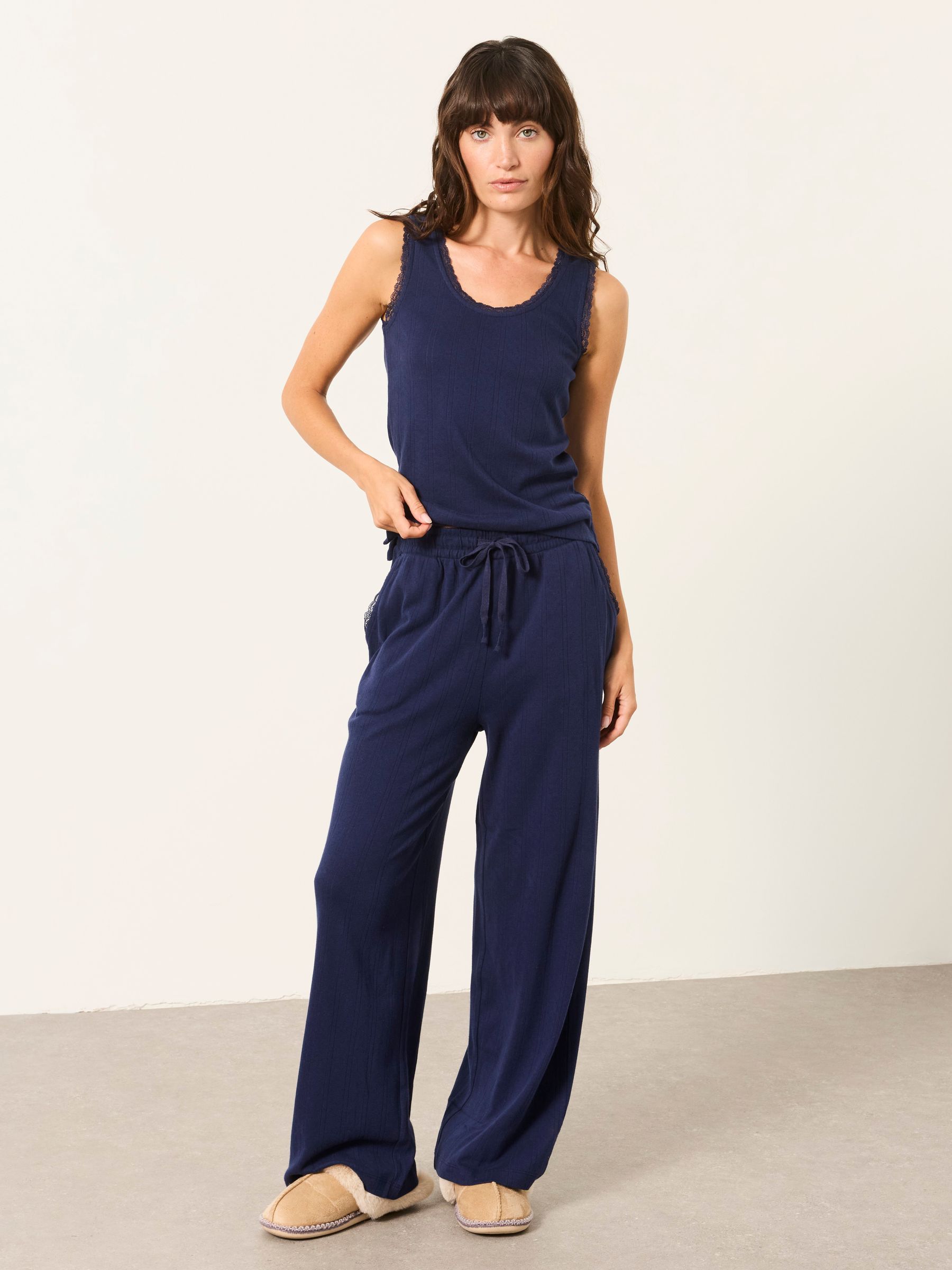 Navy Pointelle Wide Leg Trouser and Vest Set - Image 1 of 7