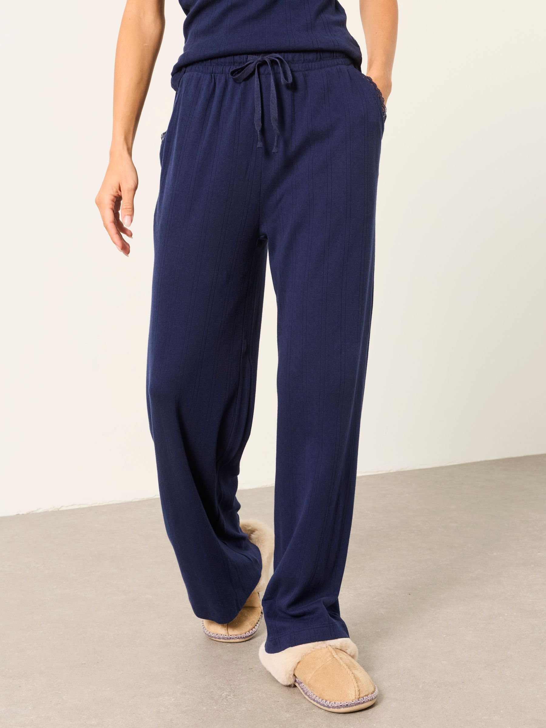 Navy Pointelle Wide Leg Trouser and Vest Set - Image 4 of 7