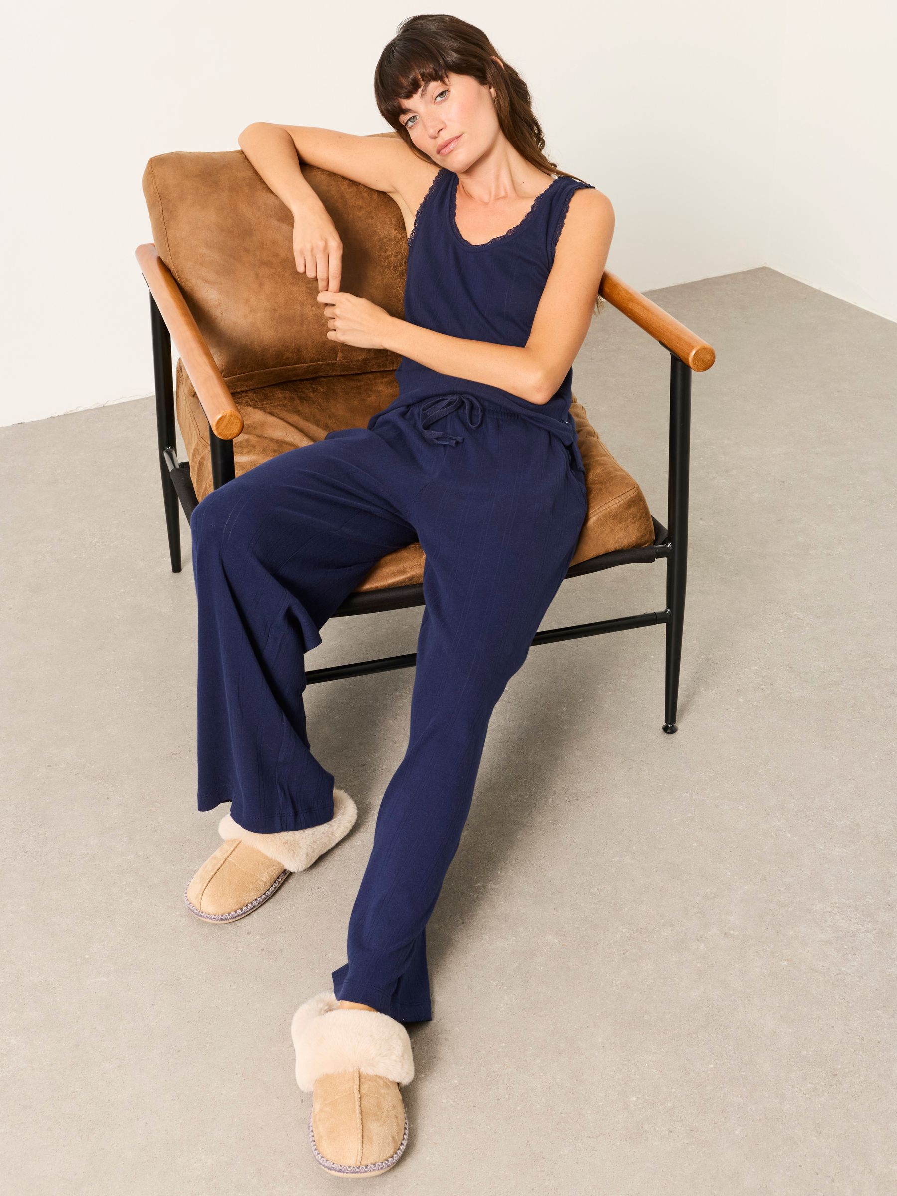 Navy Pointelle Wide Leg Trouser and Vest Set - Image 5 of 7
