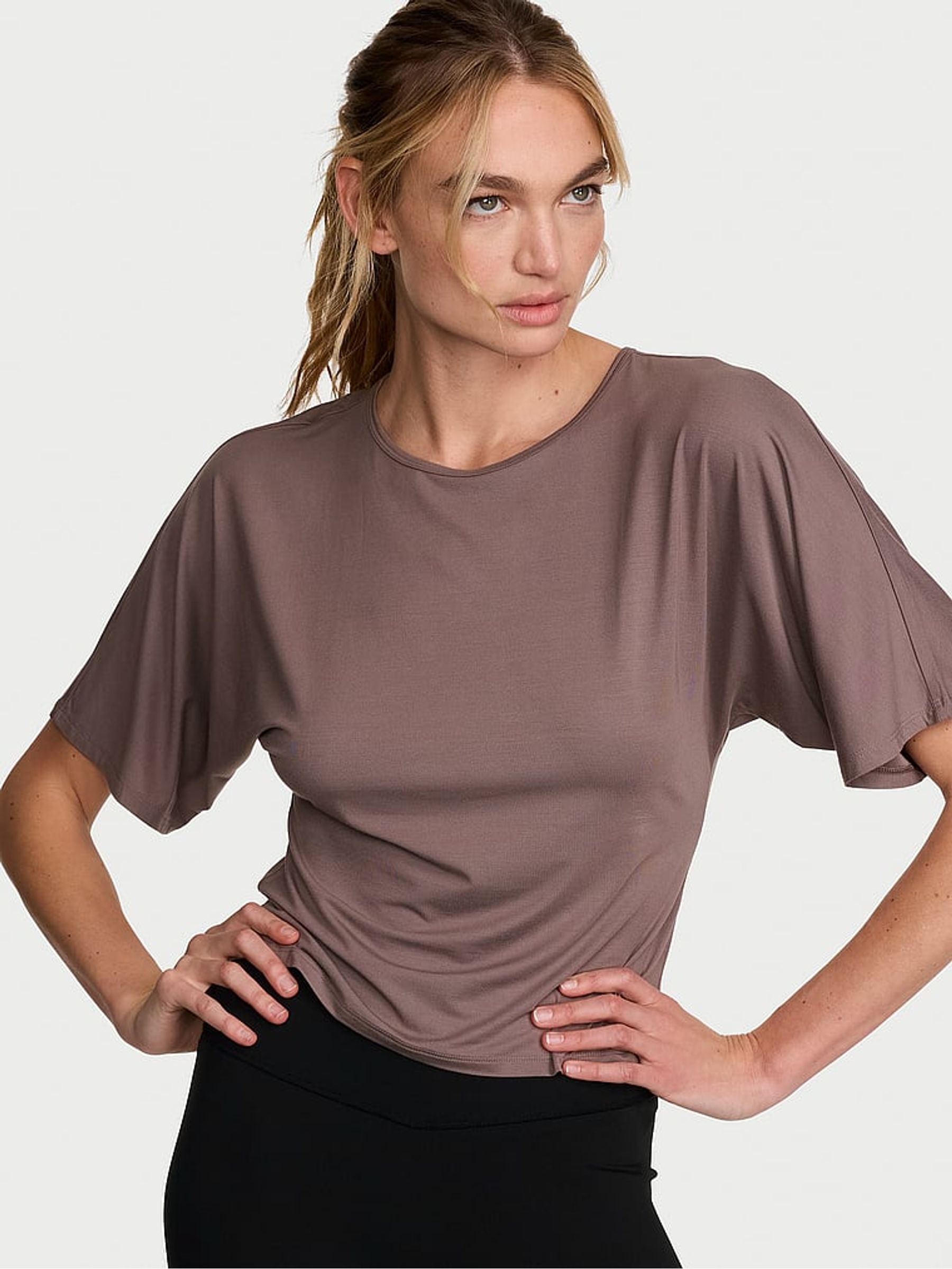 Cloudy Grey Drapey Knit Ruched T-shirt - Image 1 of 2