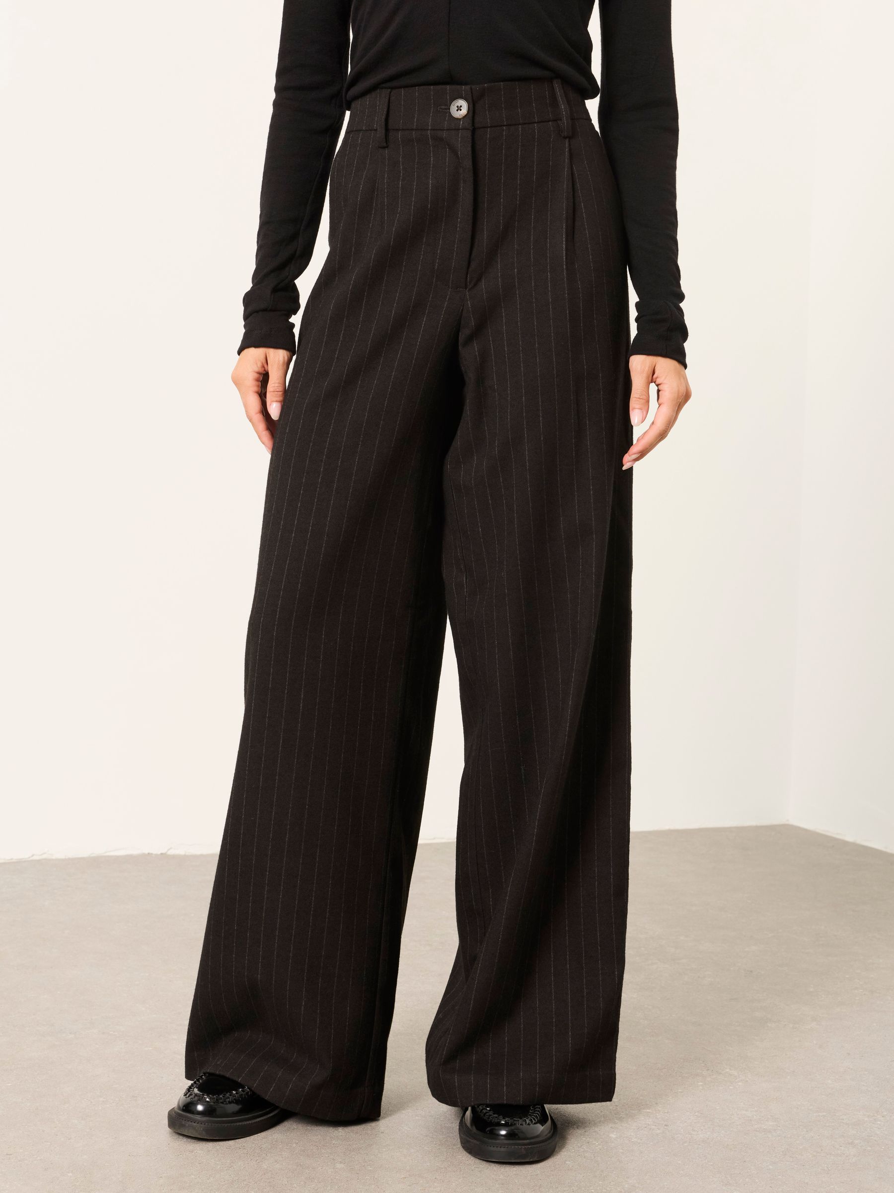 Amelie Black Pinstripe Wide leg Trousers - Image 1 of 5 Amelie Black Pinstripe Wide leg Trousers - Image 1 of 5