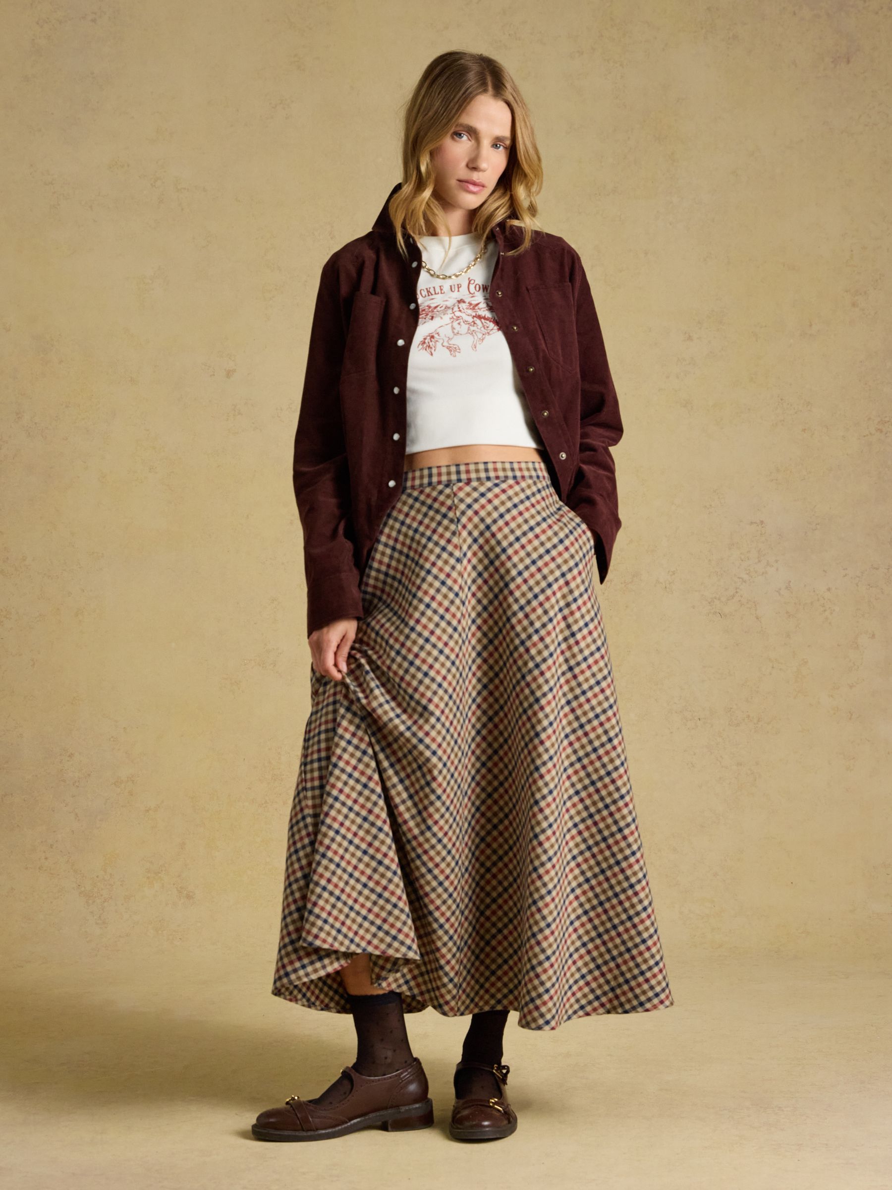 Emmy Brown Check Panel Midi Skirt - Image 5 of 9
