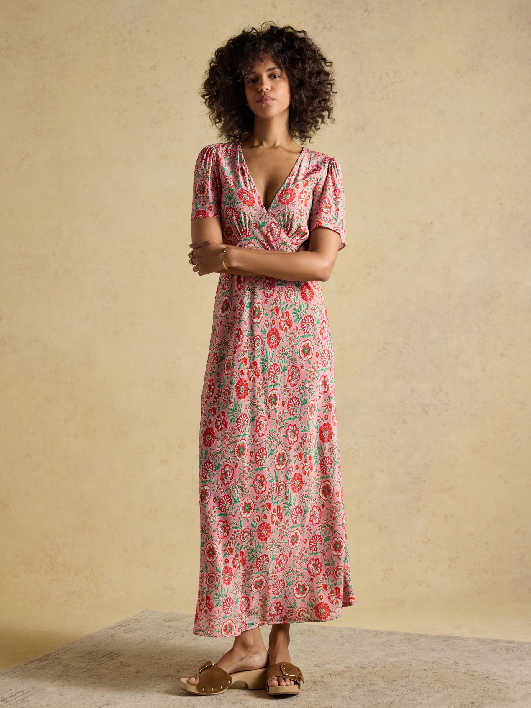 Lainey Pink Floral Print Bias Cut Midi Dress - Image 1 of 8