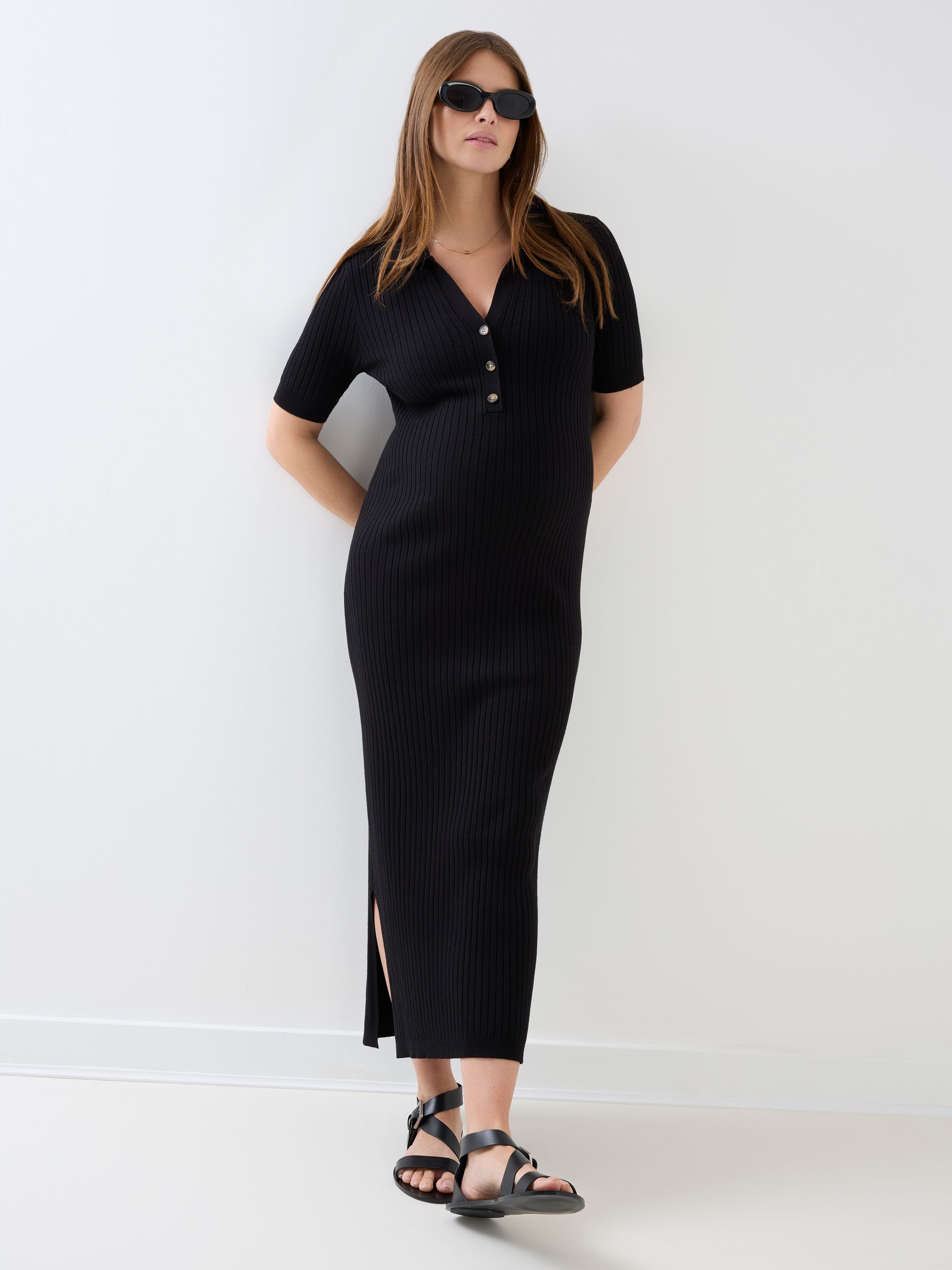 Black Collared Ribbed Knitted Maternity Dress - Image 1 of 6