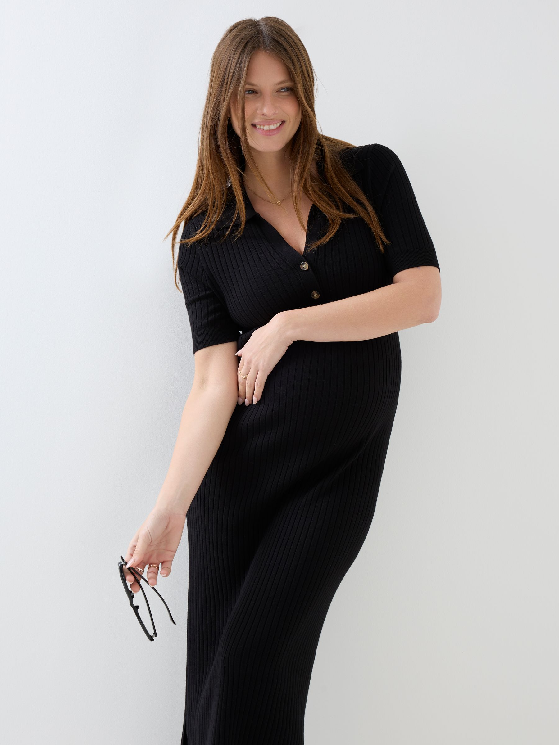 collared rib knit dress Black Ribbed Knitted Maternity Knitted maxi dress
