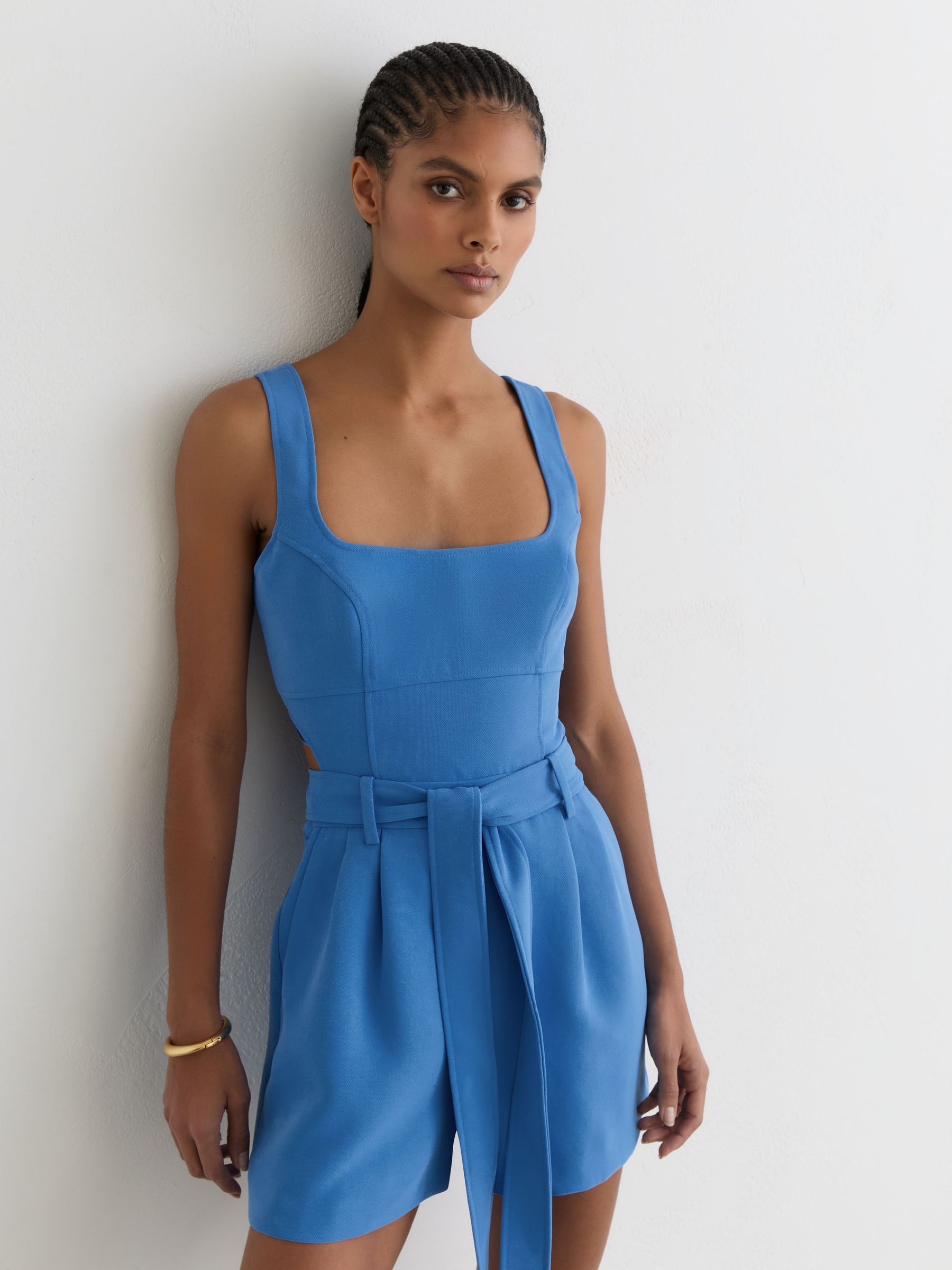 Structured Cut-Out Belted Playsuit in Blue - image 2