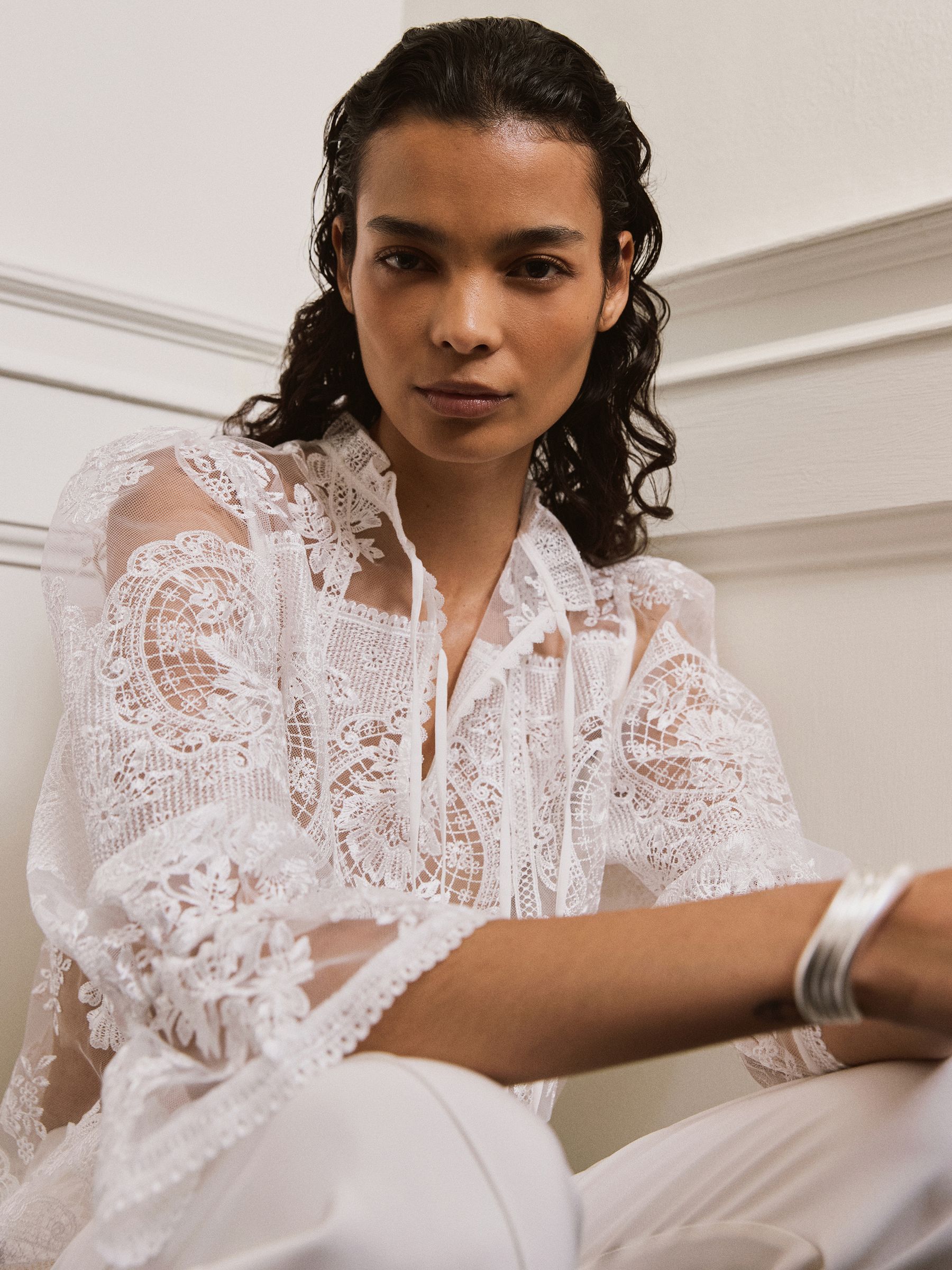 Sheer Lace Tie-Neck Blouse in Ivory - Image 1 of 10