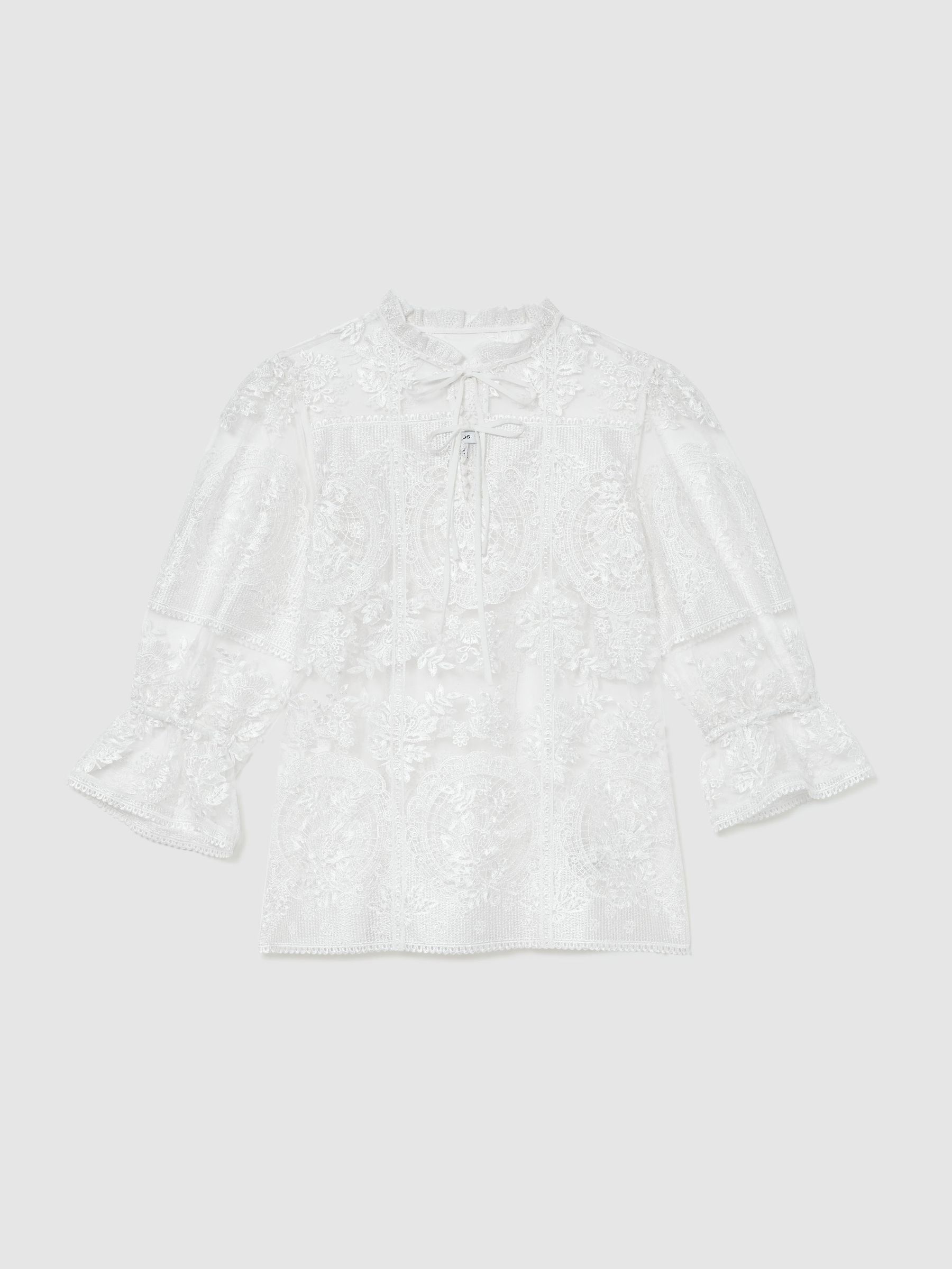 Sheer Lace Tie-Neck Blouse in Ivory - image 1