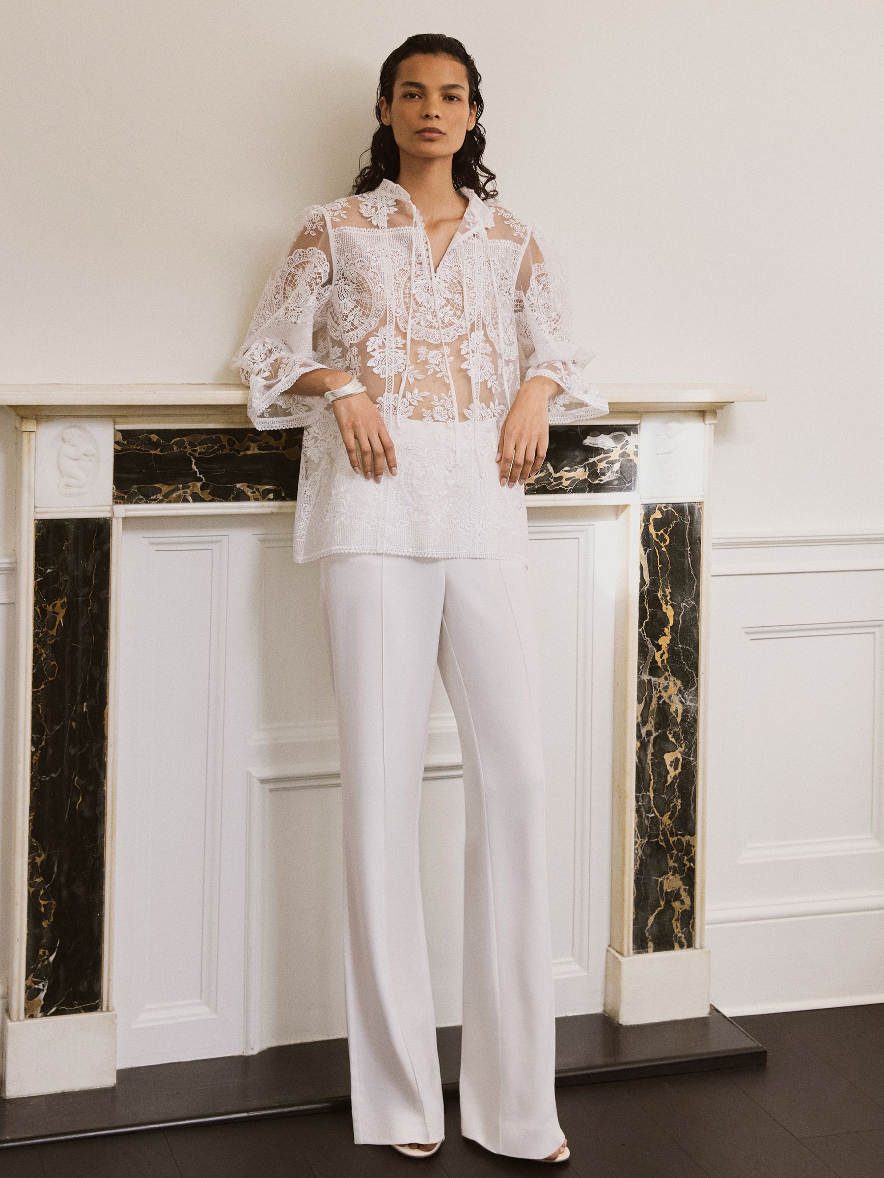Sheer Lace Tie-Neck Blouse in Ivory - Image 3 of 10