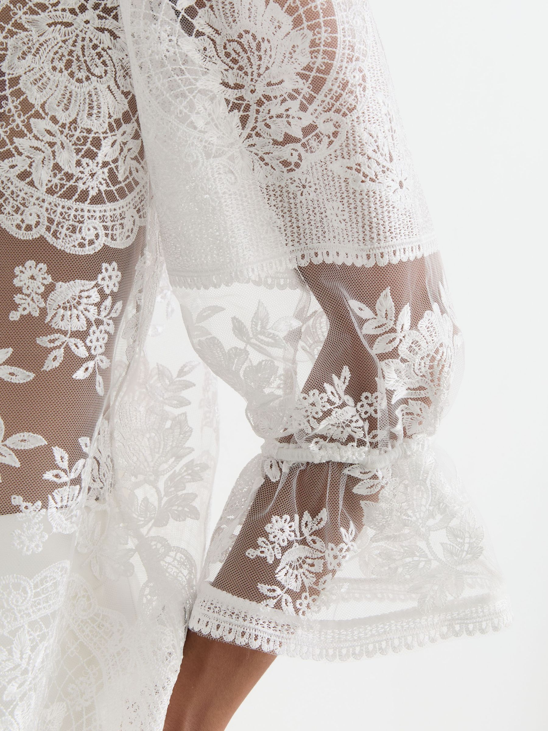 Sheer Lace Tie-Neck Blouse in Ivory - Image 5 of 10