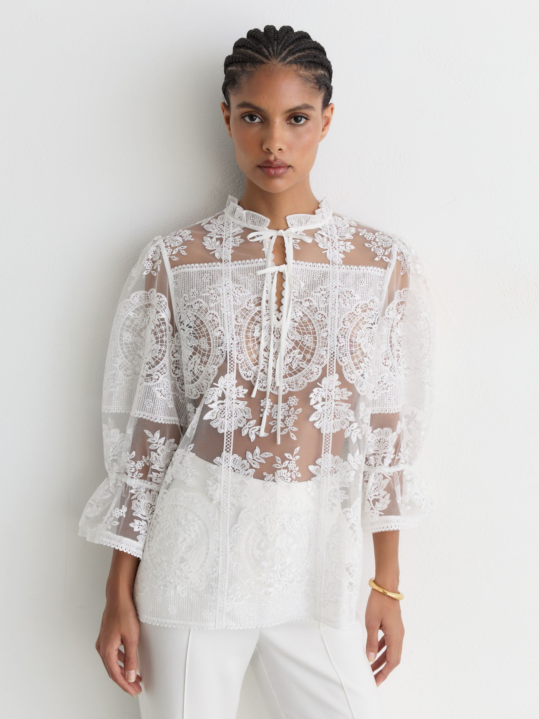 Sheer Lace Tie-Neck Blouse in Ivory - Image 6 of 10