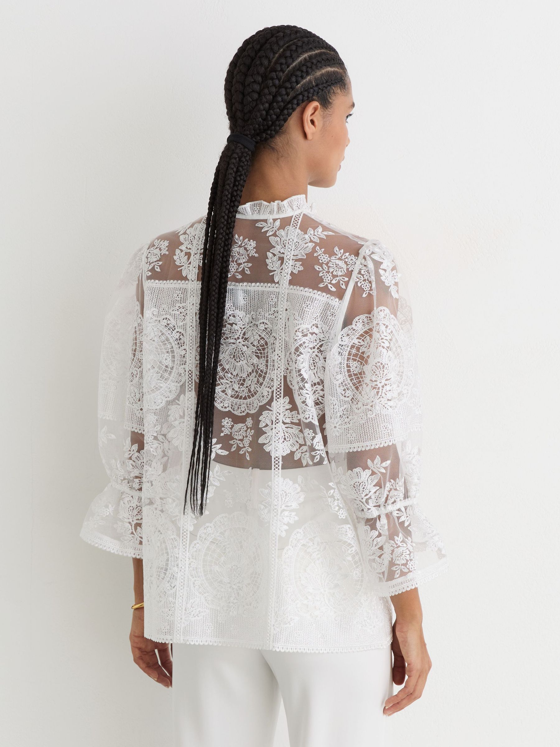Sheer Lace Tie-Neck Blouse in Ivory - Image 7 of 10