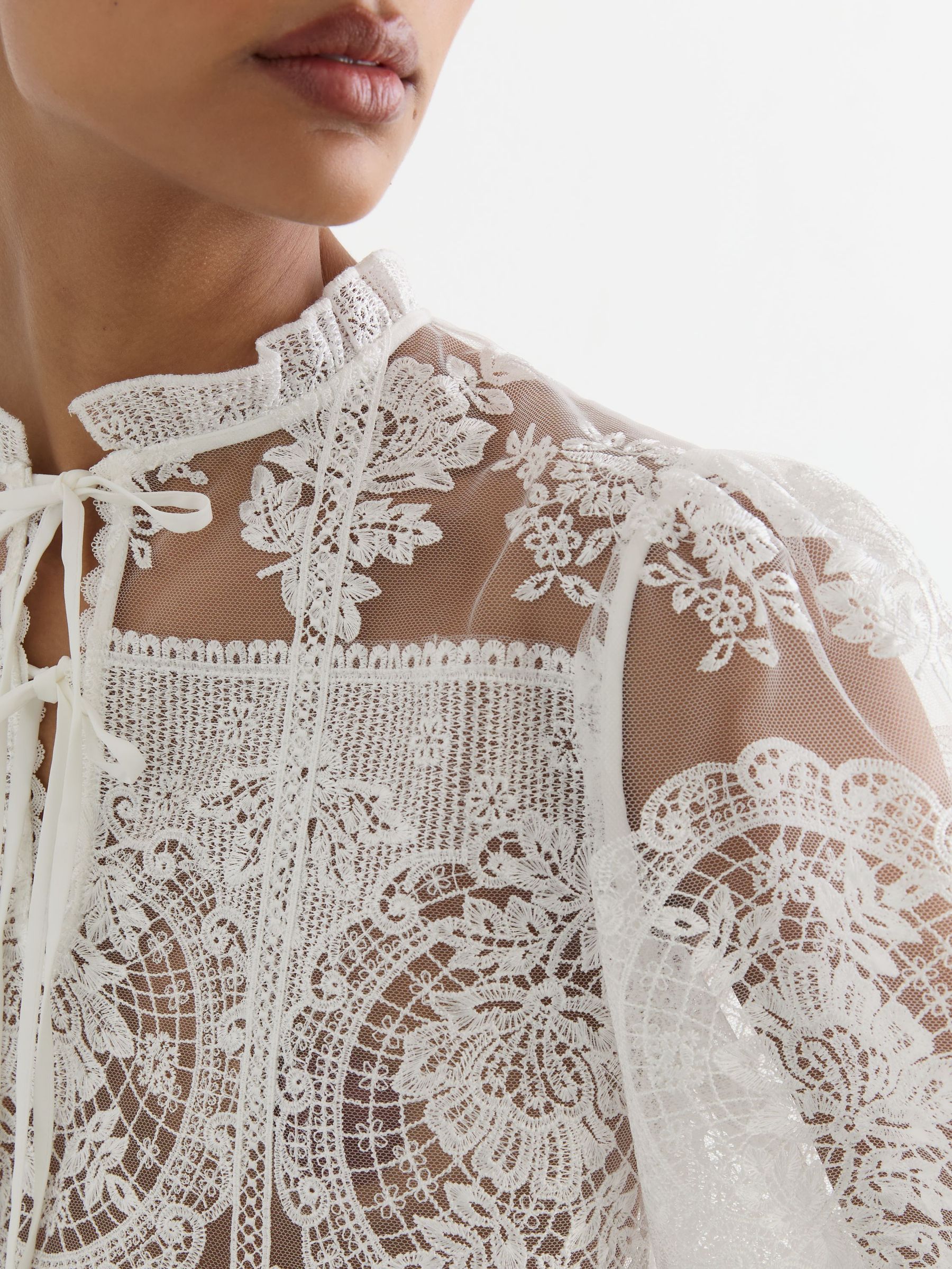 Sheer Lace Tie-Neck Blouse in Ivory - Image 8 of 10