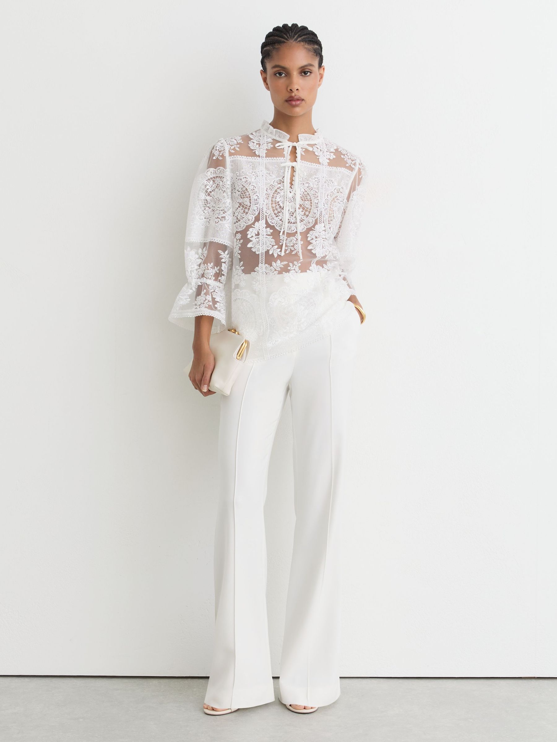 Sheer Lace Tie-Neck Blouse in Ivory - Image 9 of 10