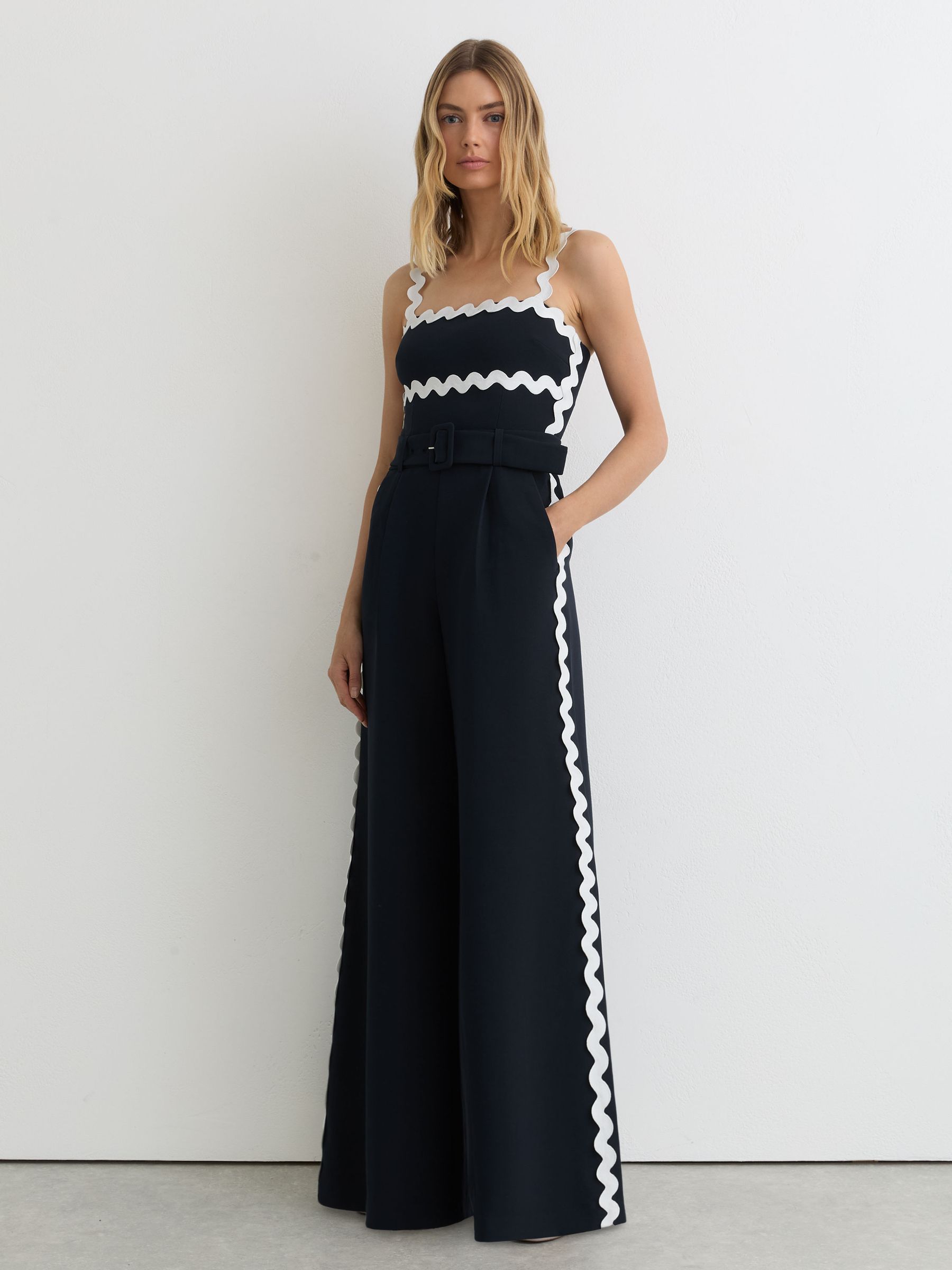Ric-Rac Trim Wide-Leg Jumpsuit in Navy/Ivory - image 3