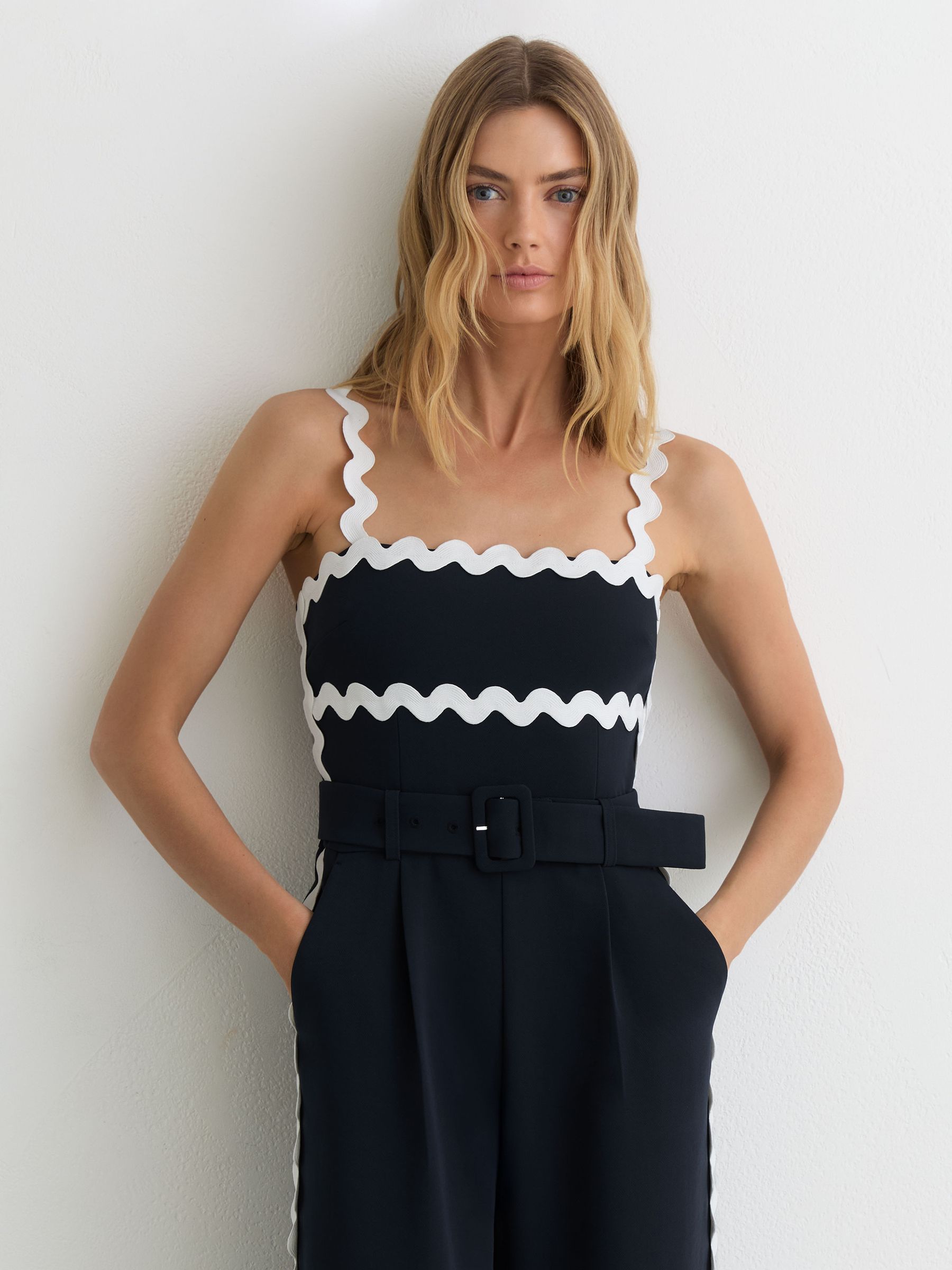 Ric-Rac Trim Wide-Leg Jumpsuit in Navy/Ivory - image 4