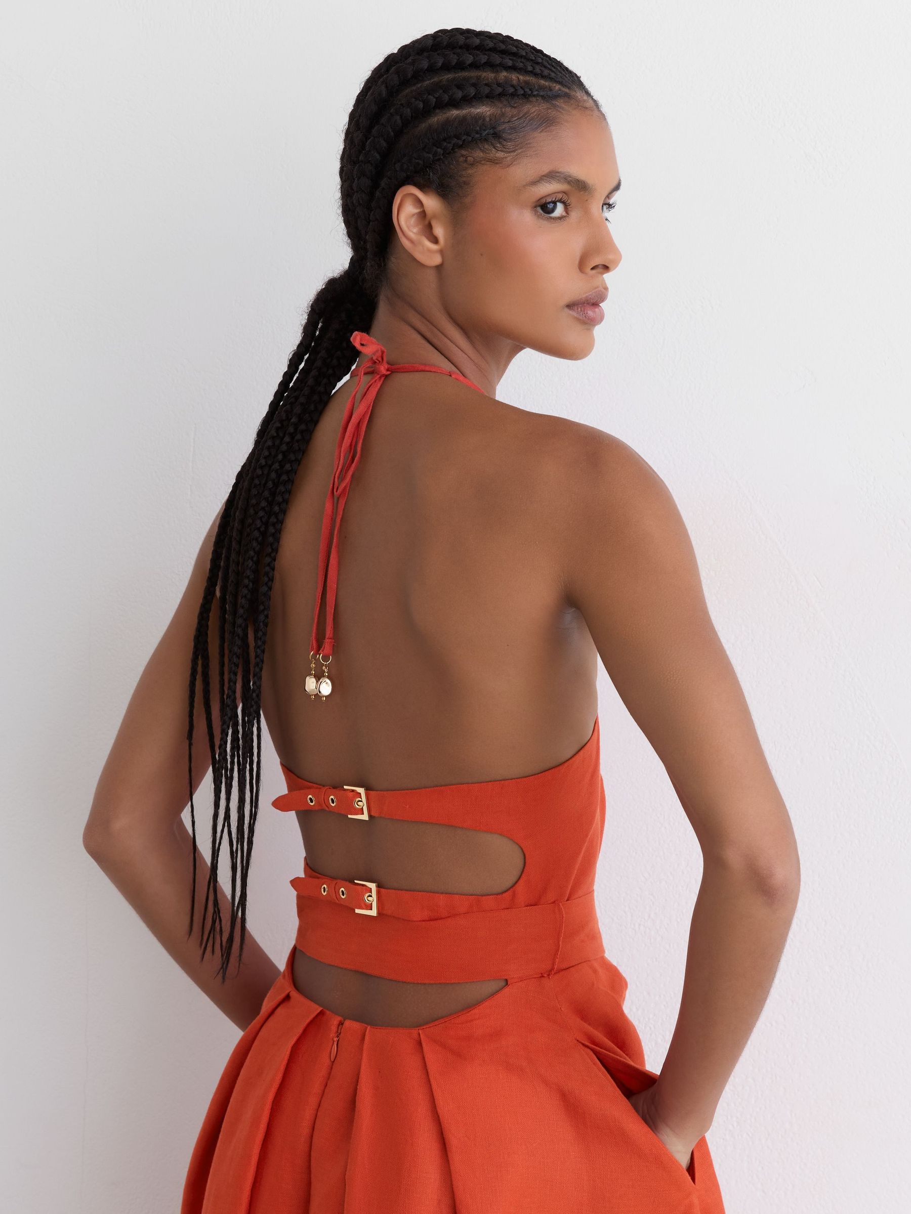 Reiss Linen Open-Back Maxi Dress in Coral Orange | REISS