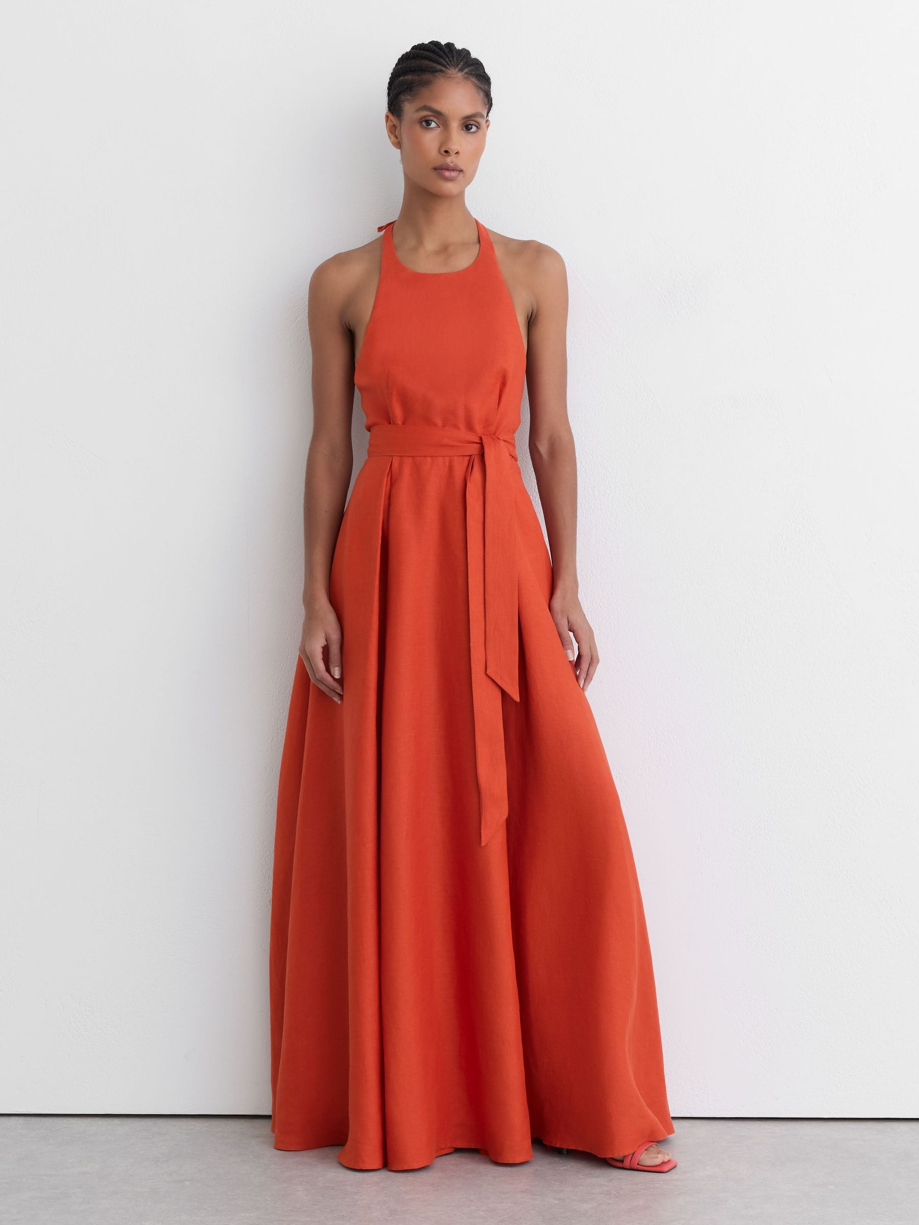 Linen Open-Back Maxi Dress in Coral Orange - image 2