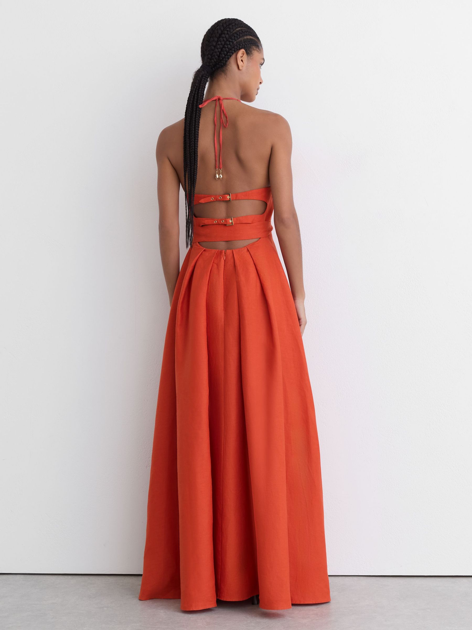 Linen Open-Back Maxi Dress in Coral Orange - image 3