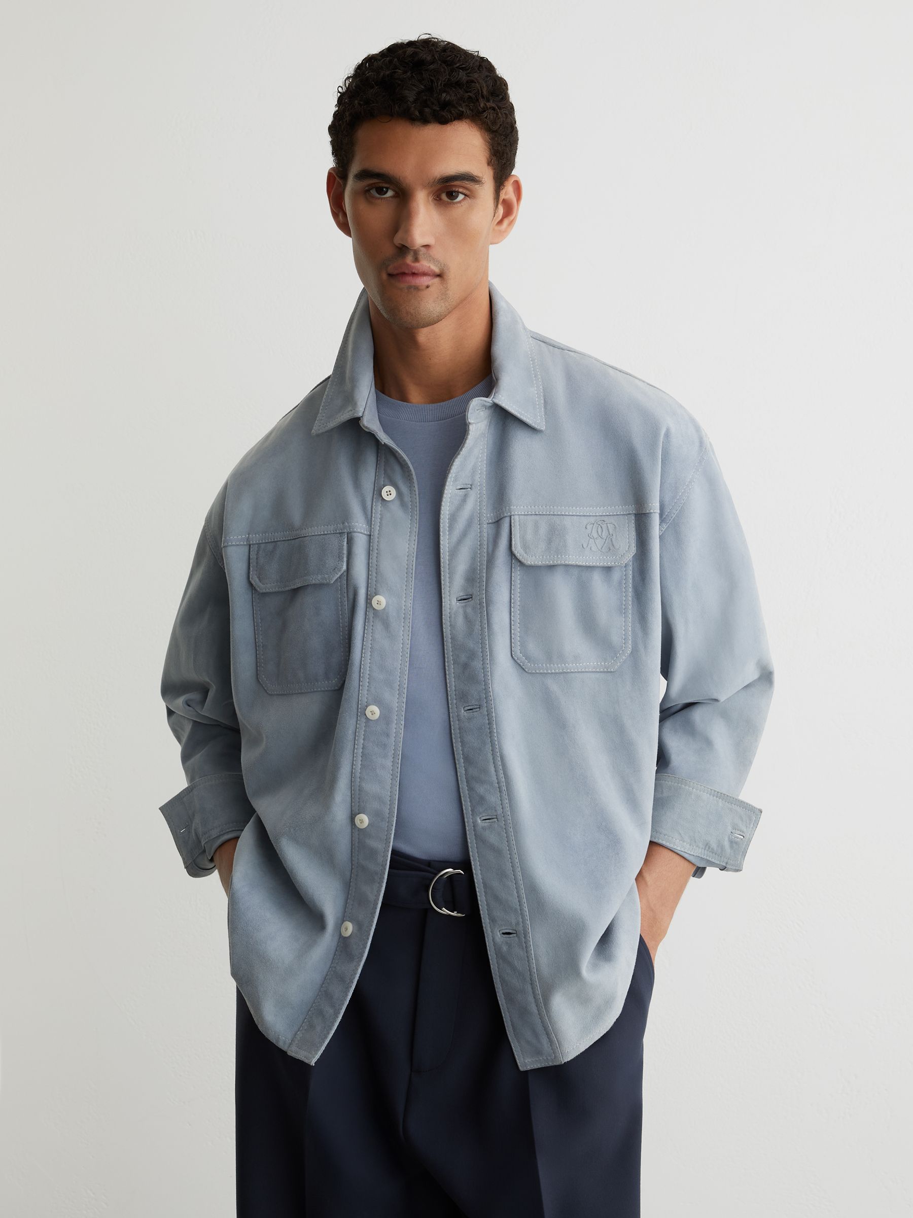 Monogram Embossed Relaxed Suede Jacket in Powder Blue - Image 1 of 7