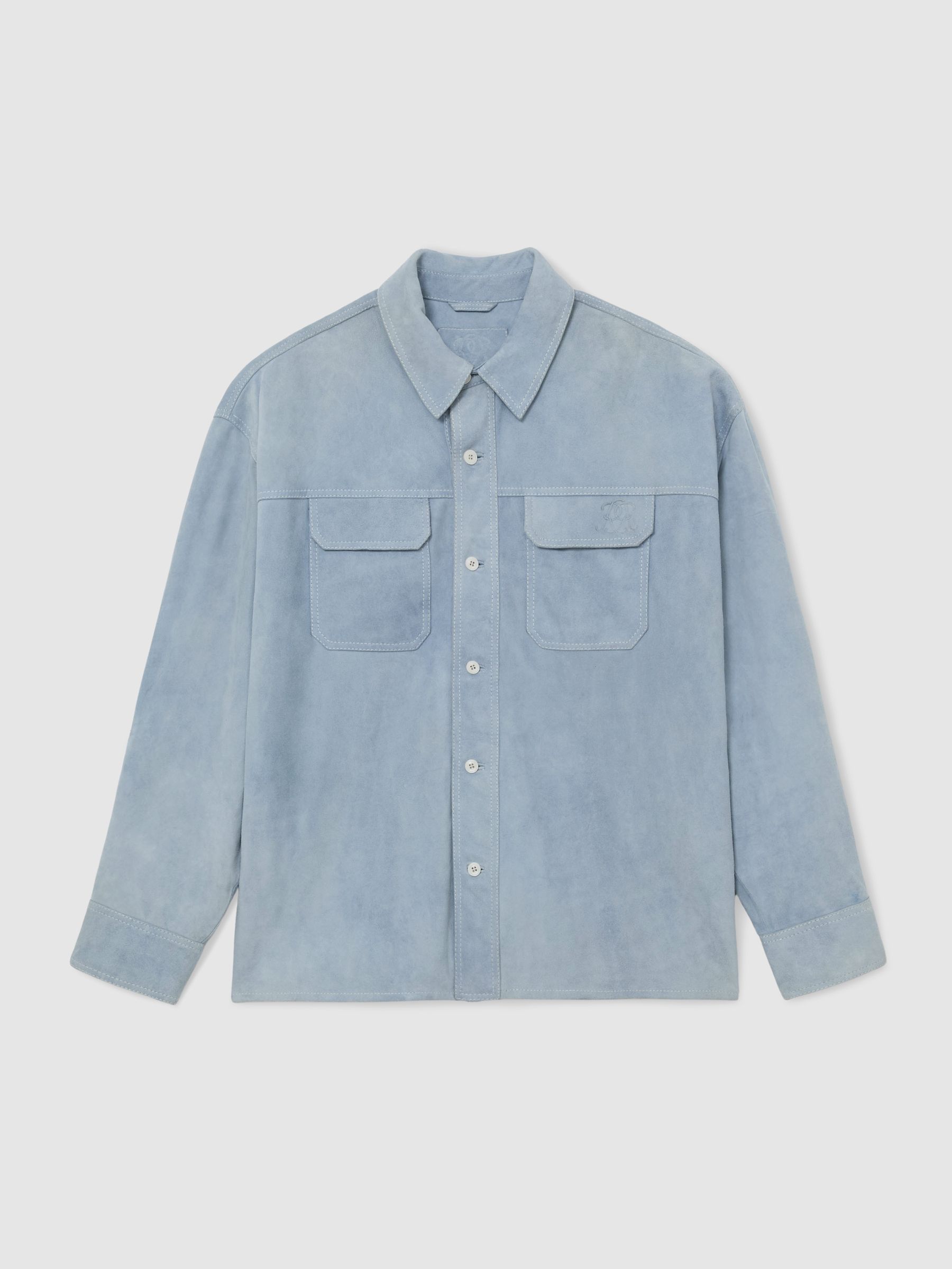 Monogram Embossed Relaxed Suede Jacket in Powder Blue - Image 2 of 7