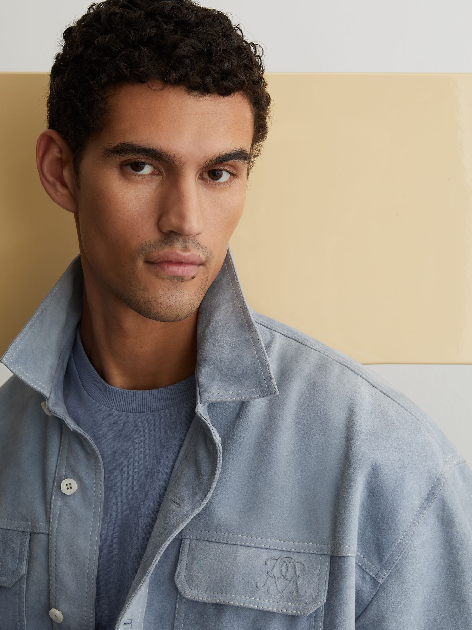 Monogram Embossed Relaxed Suede Jacket in Powder Blue - Image 4 of 7