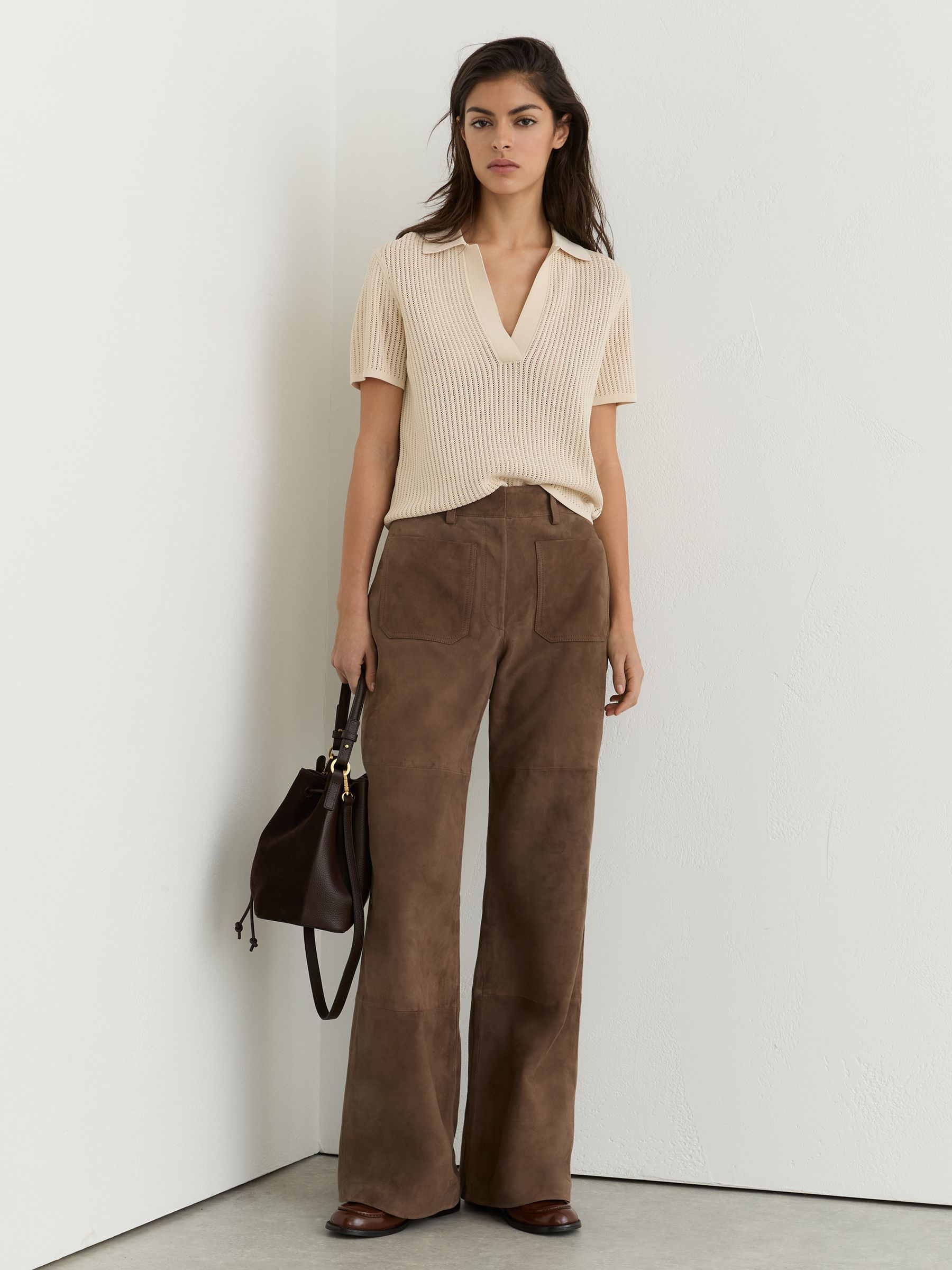 Suede Patch-Pocket Flared Trousers in Taupe Neutral - Image 1 of 8