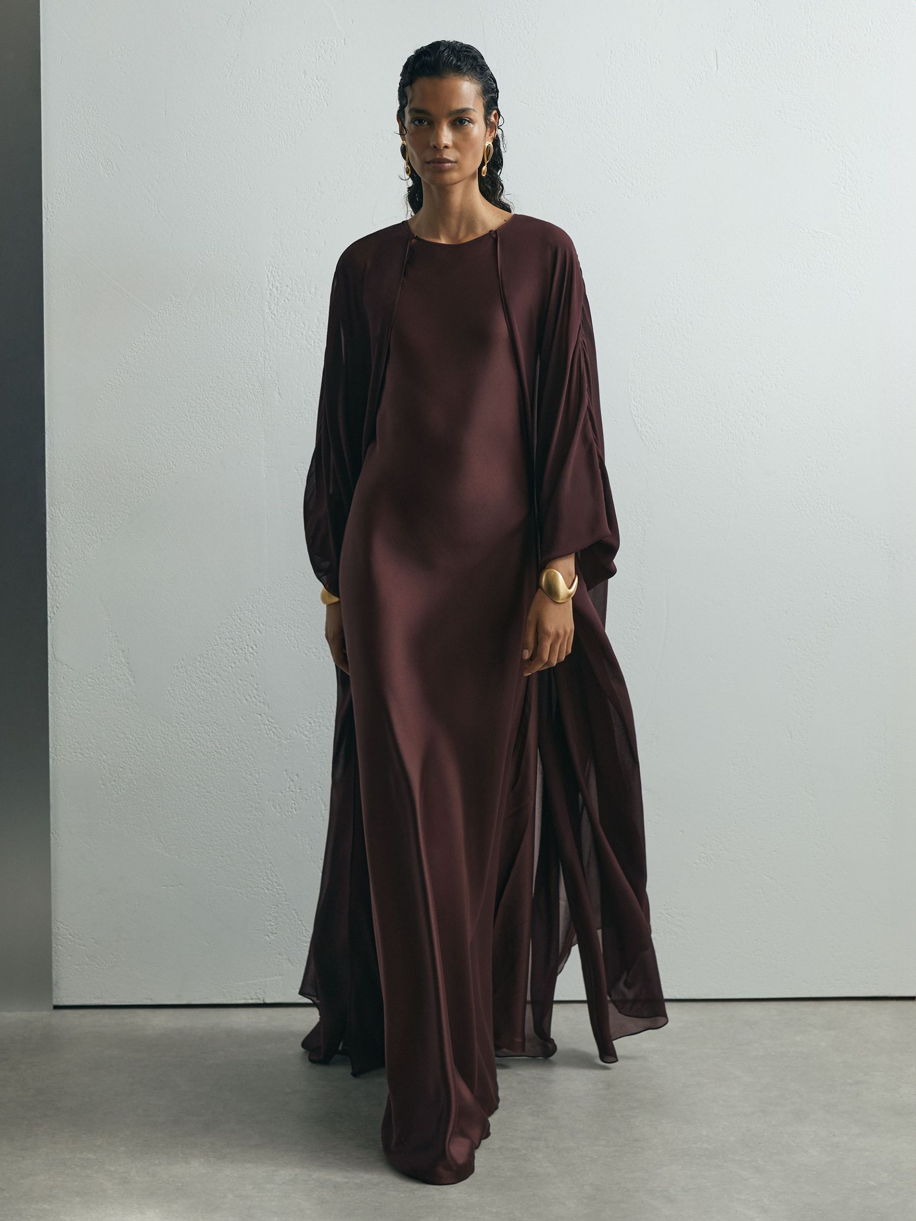 satin cape dress set Classic Elegance Purple Satin Cape & Fringe Maxi Dress Set sunfere
