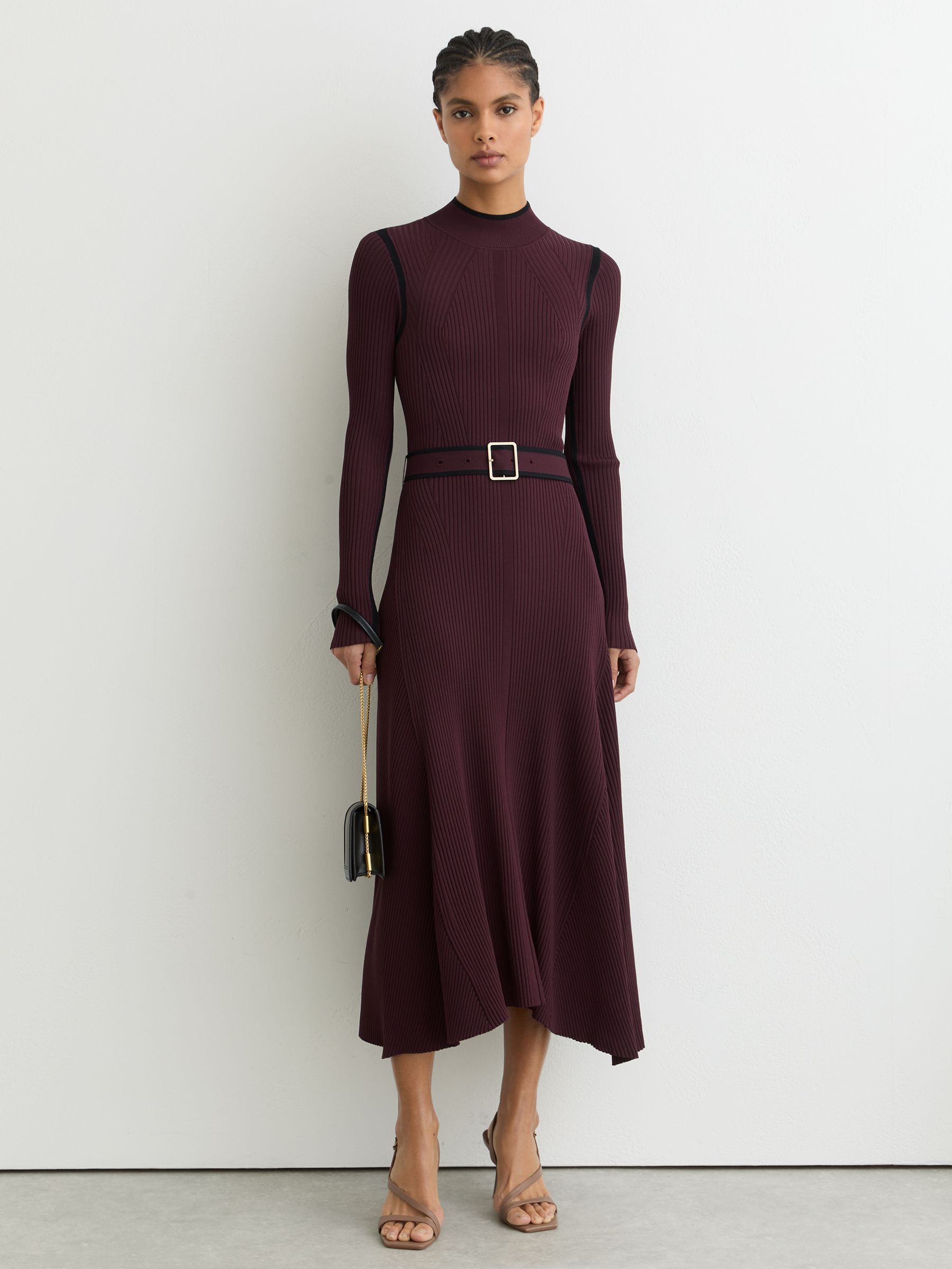Colour-Block Rib-Knit Midi Dress in Burgundy/Black - Image 1 of 6 Colour-Block Rib-Knit Midi Dress in Burgundy/Black - Image 1 of 6