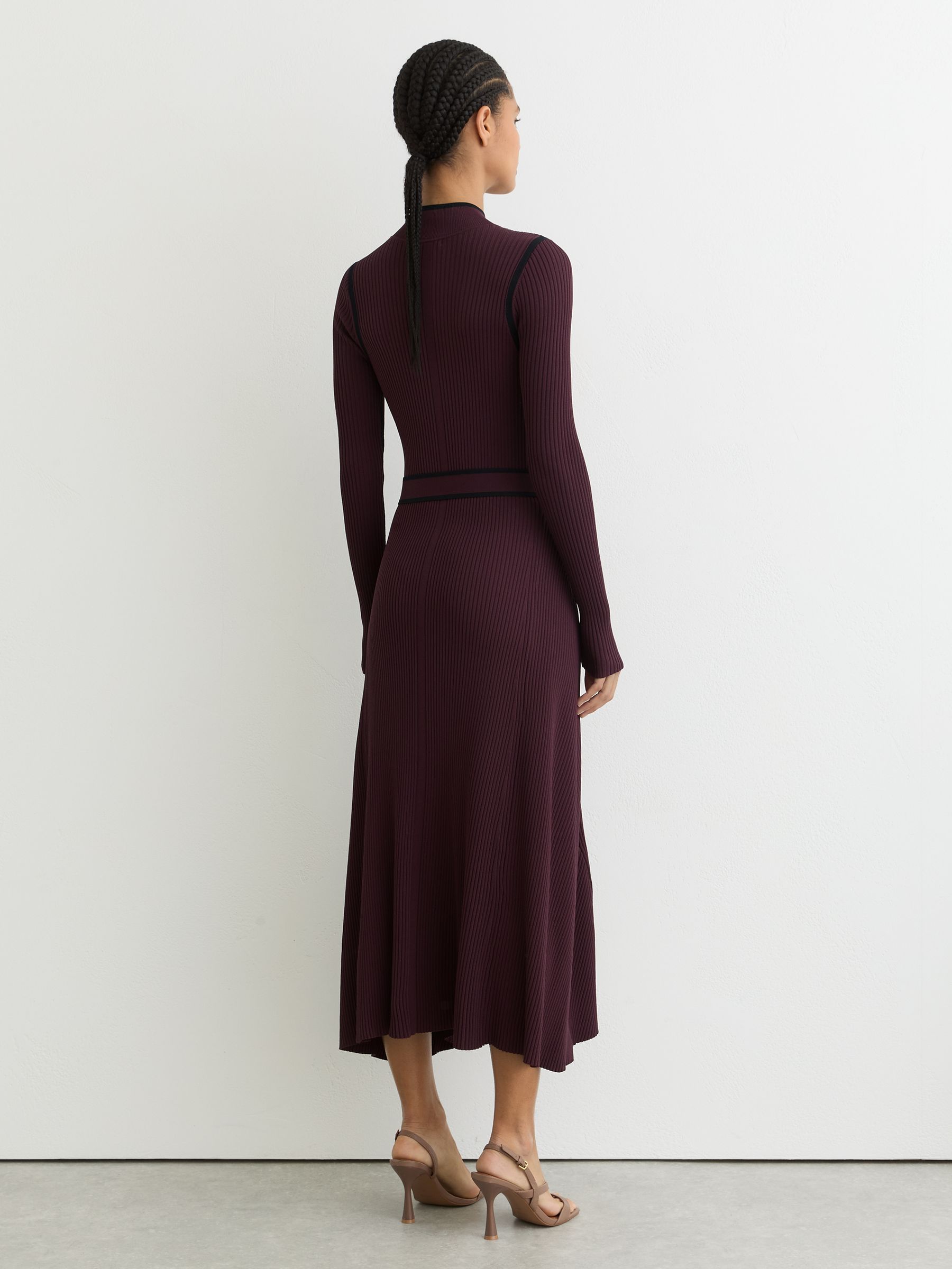 Colour-Block Rib-Knit Midi Dress in Burgundy/Black - Image 5 of 6
