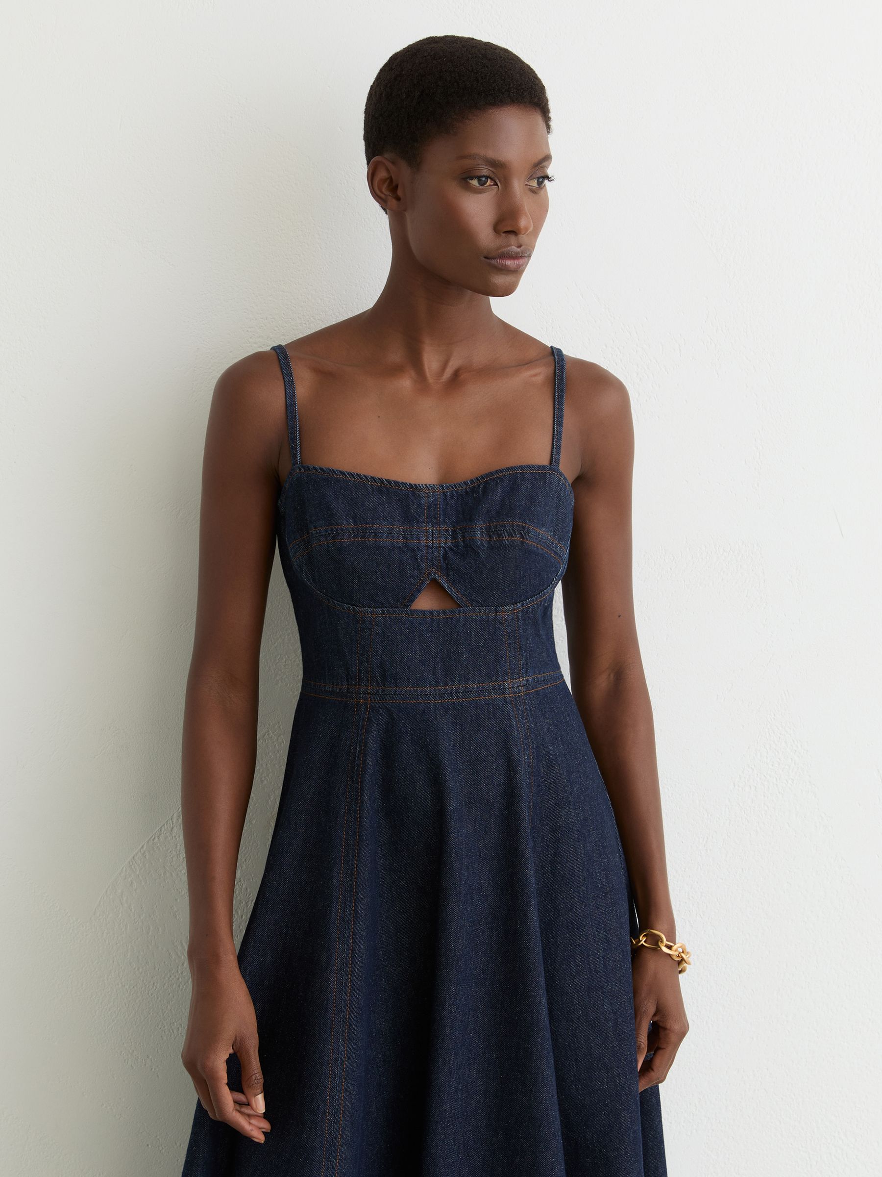 Denim Fit-and-Flare Midi Dress in Indigo Blue - Image 3 of 6