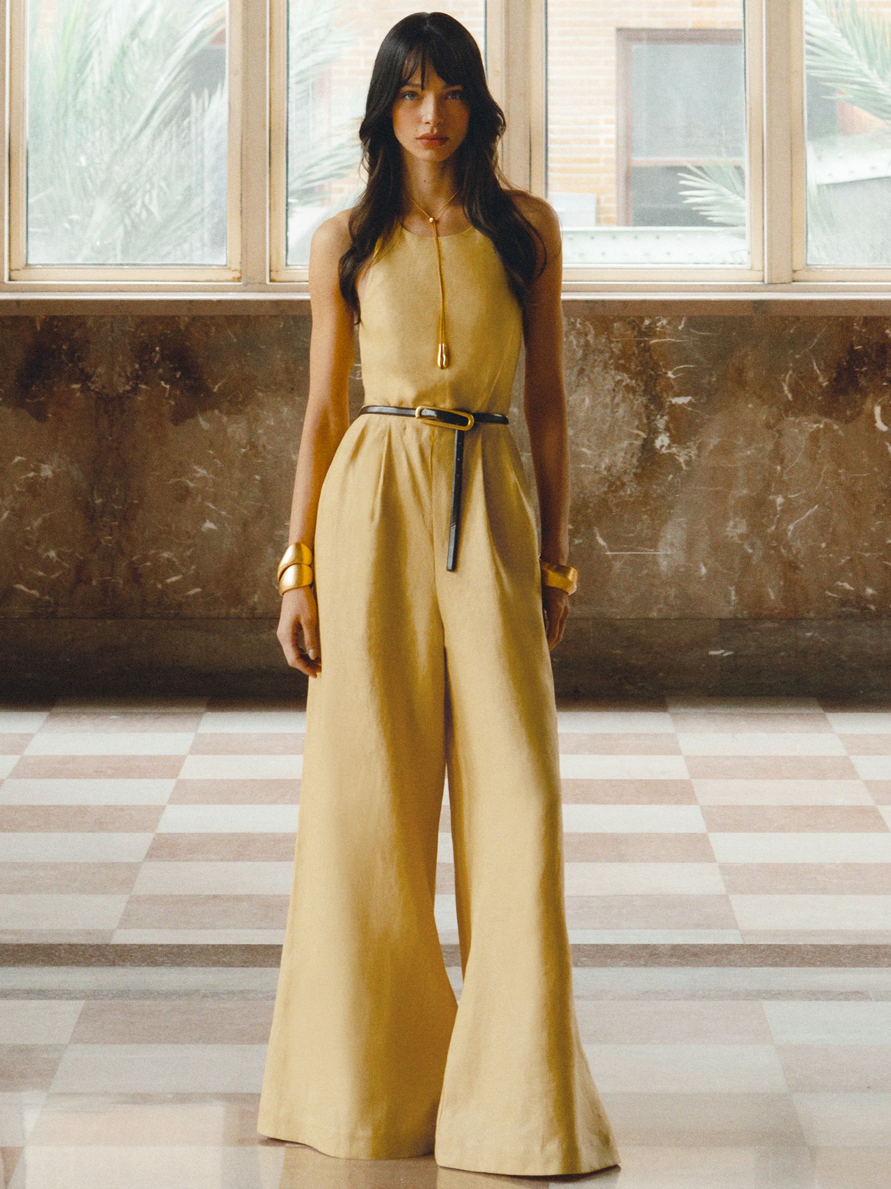 Linen Open-Back Wide-Leg Jumpsuit in Yellow - Image 1 of 7 Linen Open-Back Wide-Leg Jumpsuit in Yellow - Image 1 of 7