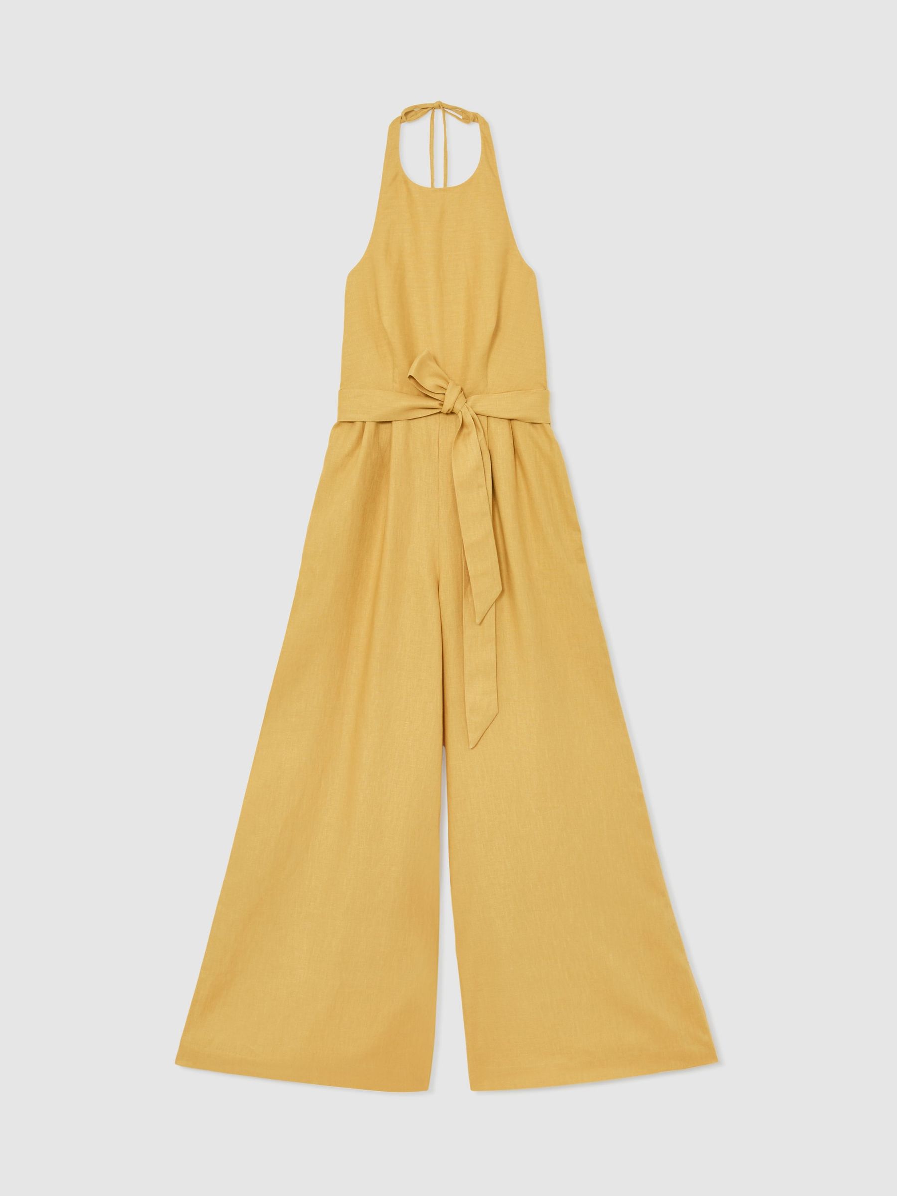 Linen Open-Back Wide-Leg Jumpsuit in Yellow - image 1