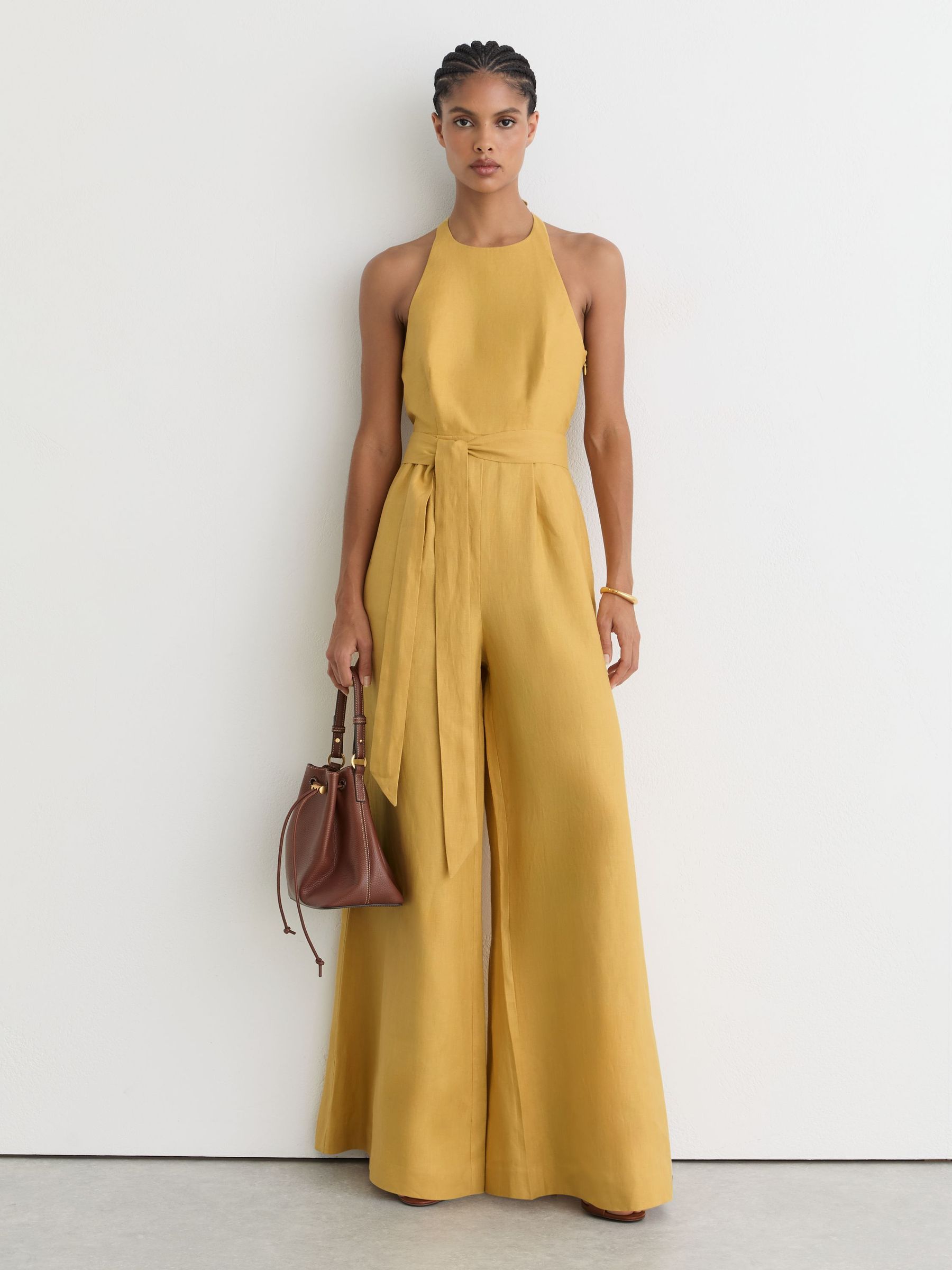 Linen Open-Back Wide-Leg Jumpsuit in Yellow - Image 3 of 7