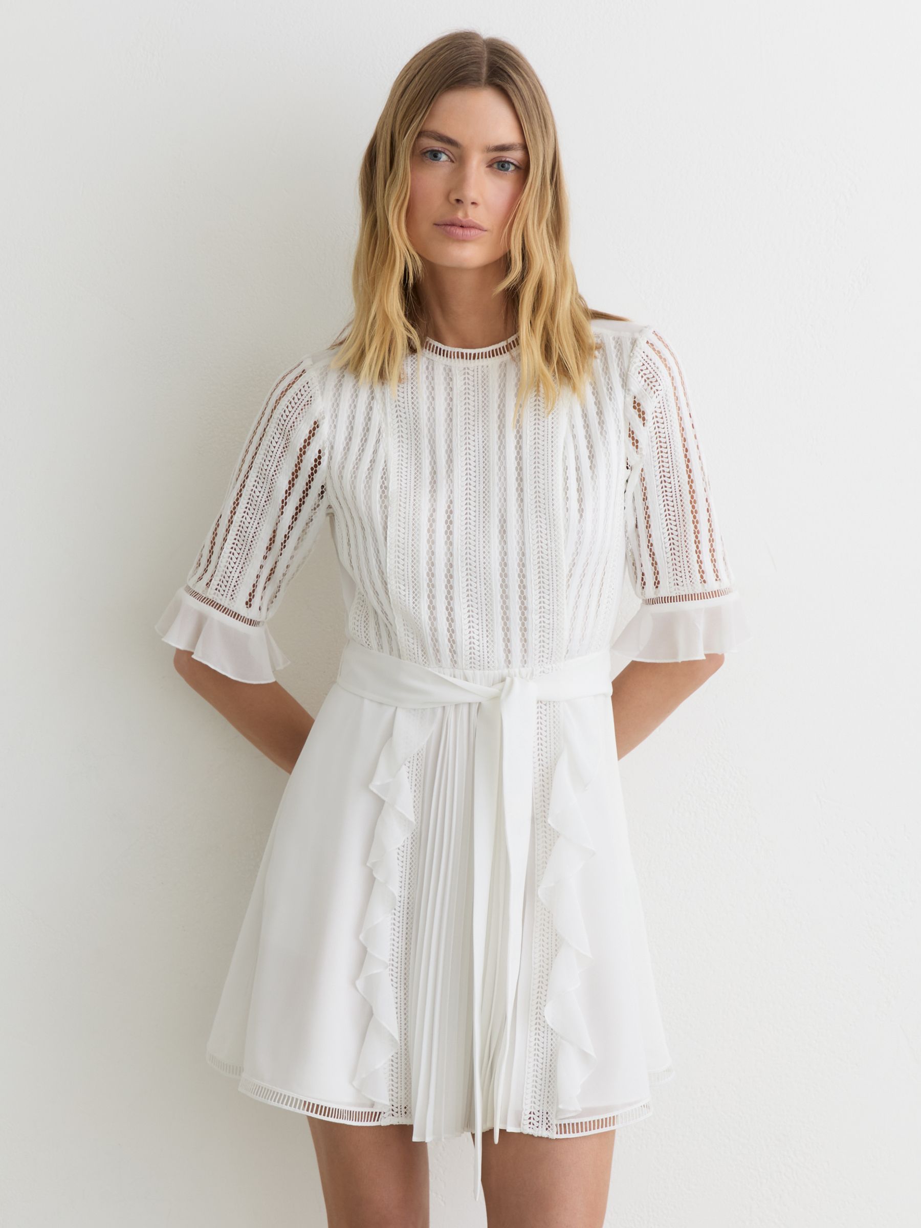 Lace-Detail Belted Mini Dress in Ivory - image 2