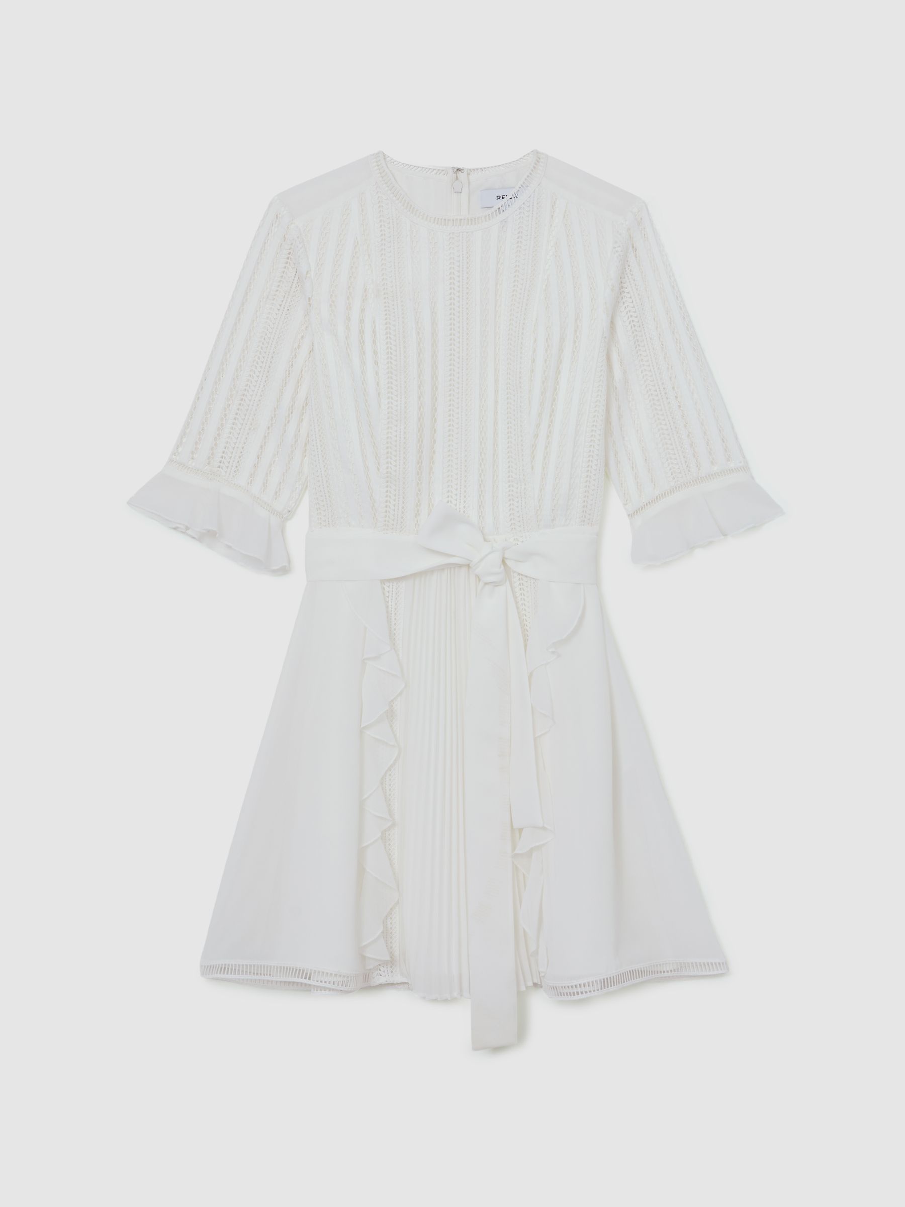 Lace-Detail Belted Mini Dress in Ivory - image 1